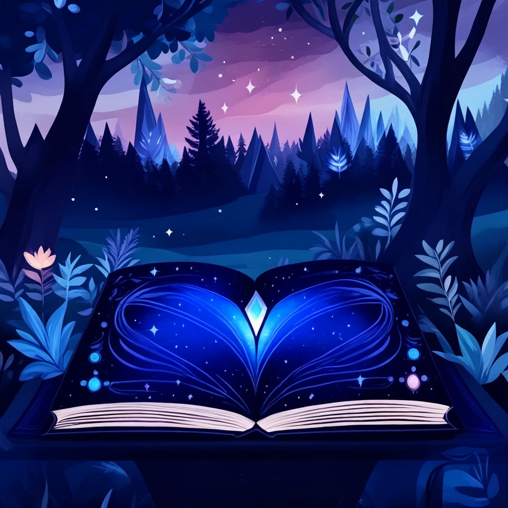 ArsMJStyle, Flat Cartoon Illustration, The image shows an open book sitting on top of a table in the woods surrounded by trees and plants. The book is illuminated by a soft light giving it a magical and ethereal feel., no humans, tree, book, star (sky), sky, night, crystal, outdoors, flower, still life