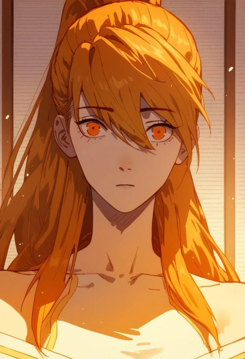 (score_9, score_8_up, score_7_up),
xiaoninger, 1girl, ponytail, long hair, orange hair, bangs, orange eyes, bare shoulder, large breasts, collarbone, hair between eyes, masterpiece, best quality, portrait, green pastures, head tilt, looking at viewer, facing viewer, dynamic angle, golden light,light particles