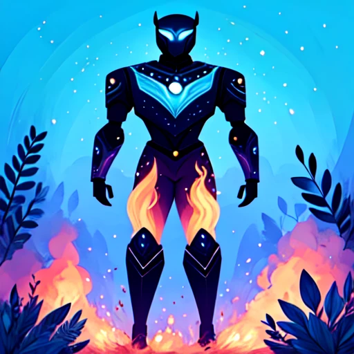 <lora:Flat_Cartoon_IllustrationSD1:1> ArsMJStyle, Flat Cartoon Illustration, The image shows a man in a blue suit standing in front of a vibrant sunset surrounded by lush plants. The man is animated giving the image a dynamic feel., solo, male focus, clenched hands, glowing, 1boy, standing, fire, glowing eyes, looking at viewer, robot