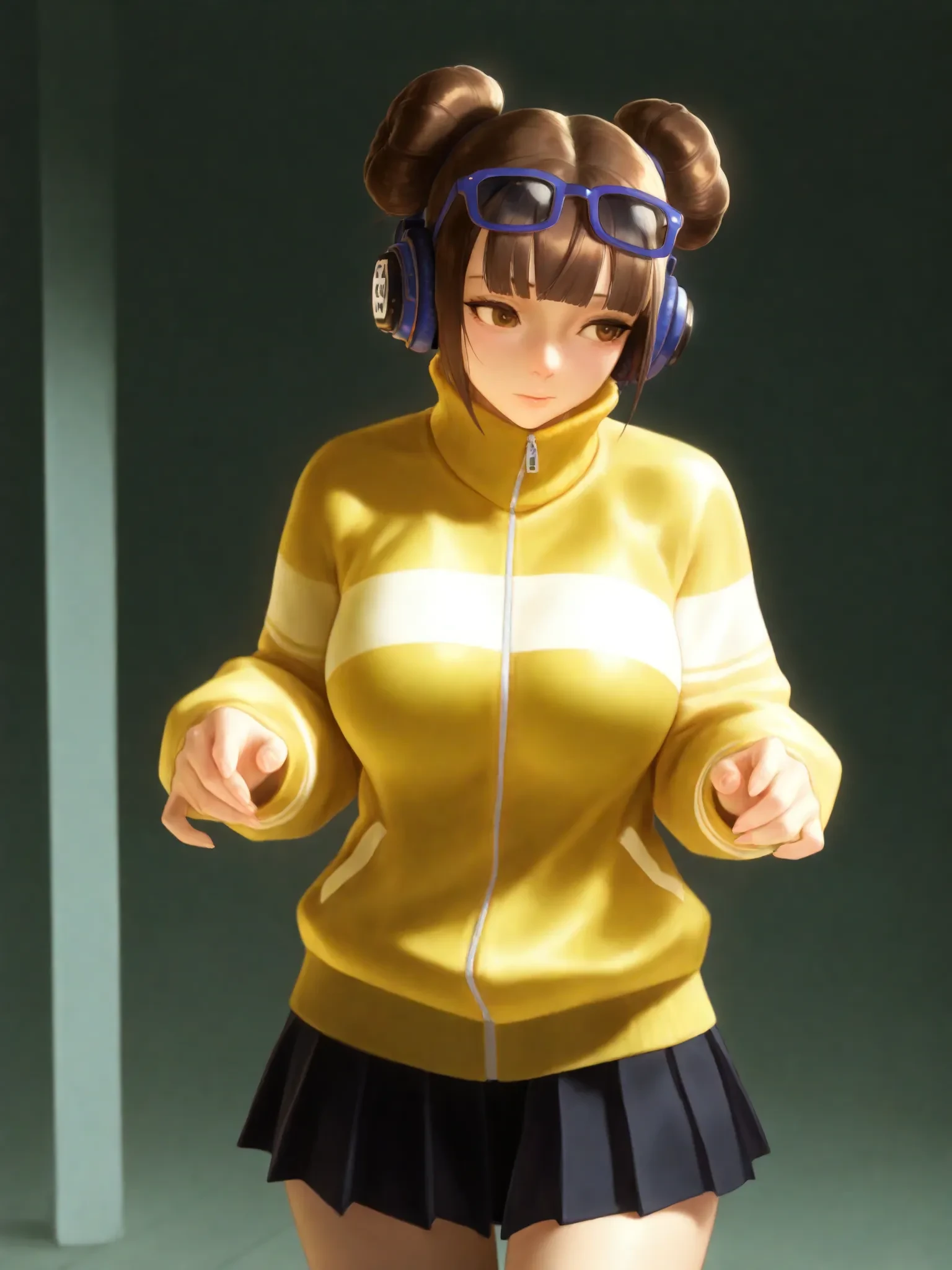 masterpiece, best quality,amazing quality, highest score, absurdres, uncensored,
 <lora:[Capcom] Li-Fen Character (Street Fighter 6) Illustrious:1>,li-fensf6, 1girl, short hair, headphones, long sleeves, double bun, yellow jacket, glasses, brown eyes, hair bun, pleated skirt, brown hair, miniskirt, track jacket, blue-framed eyewear, black hair, nose, blunt bangs,