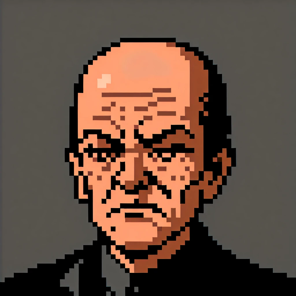 <lora:NES - Dick Tracy Mugshots - 1990 - Epoch 5:0.5> Dick_Tracy_Mugshot, gray_background, pixel_art, low_color, 1boy, light skin, dark suit, pruneface, grotesque, wrinkles, freckles, frown, balding, shadow on face,
