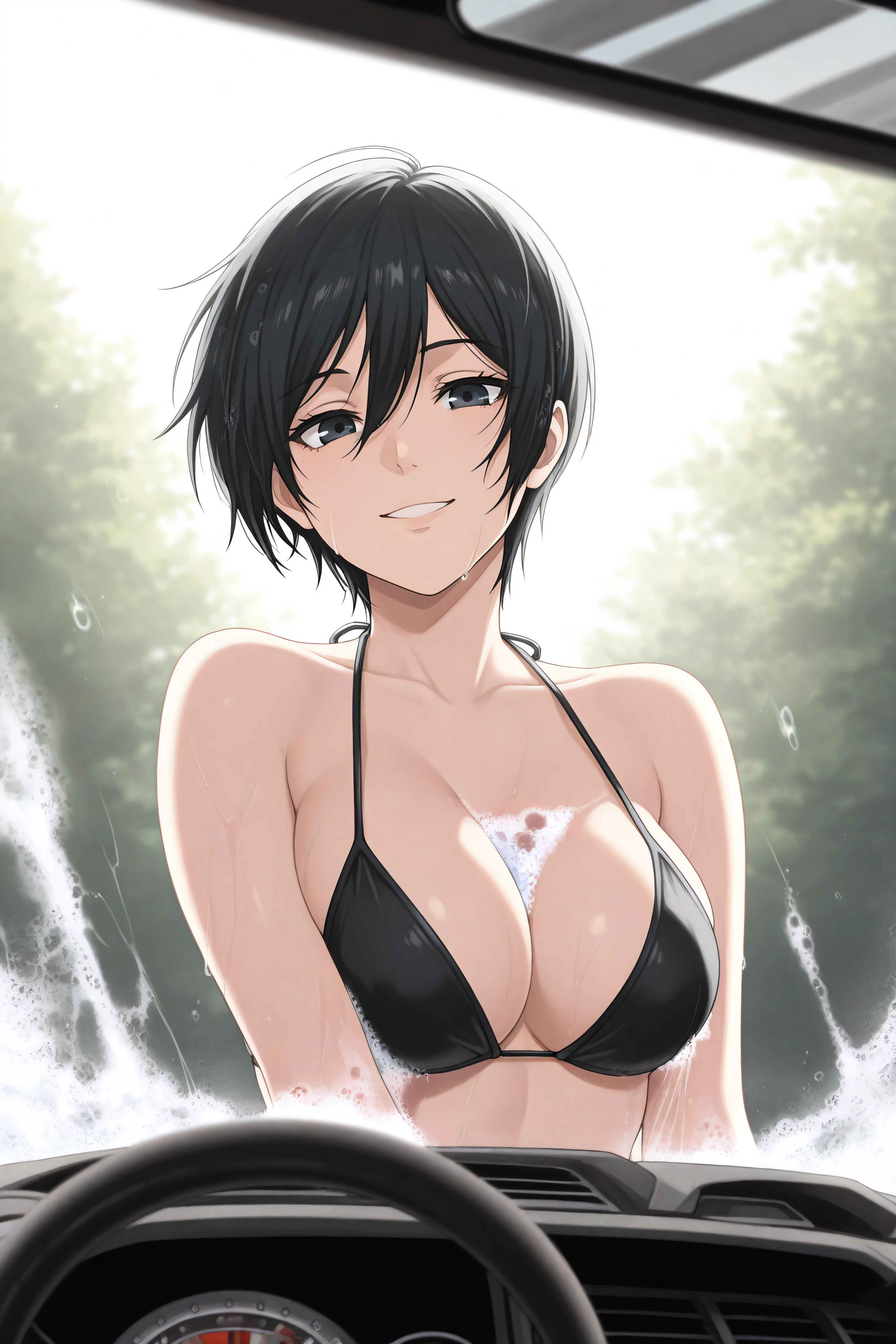 (masterpiece, best quality), <lora:AdMikAckr-Illustrious-lora-Faxtron:1> admikarman, black eyes, black hair, short hair, bikini, smile,
<lora:bikini_car_wash:1> bcw, washing vehicle, car wash,
