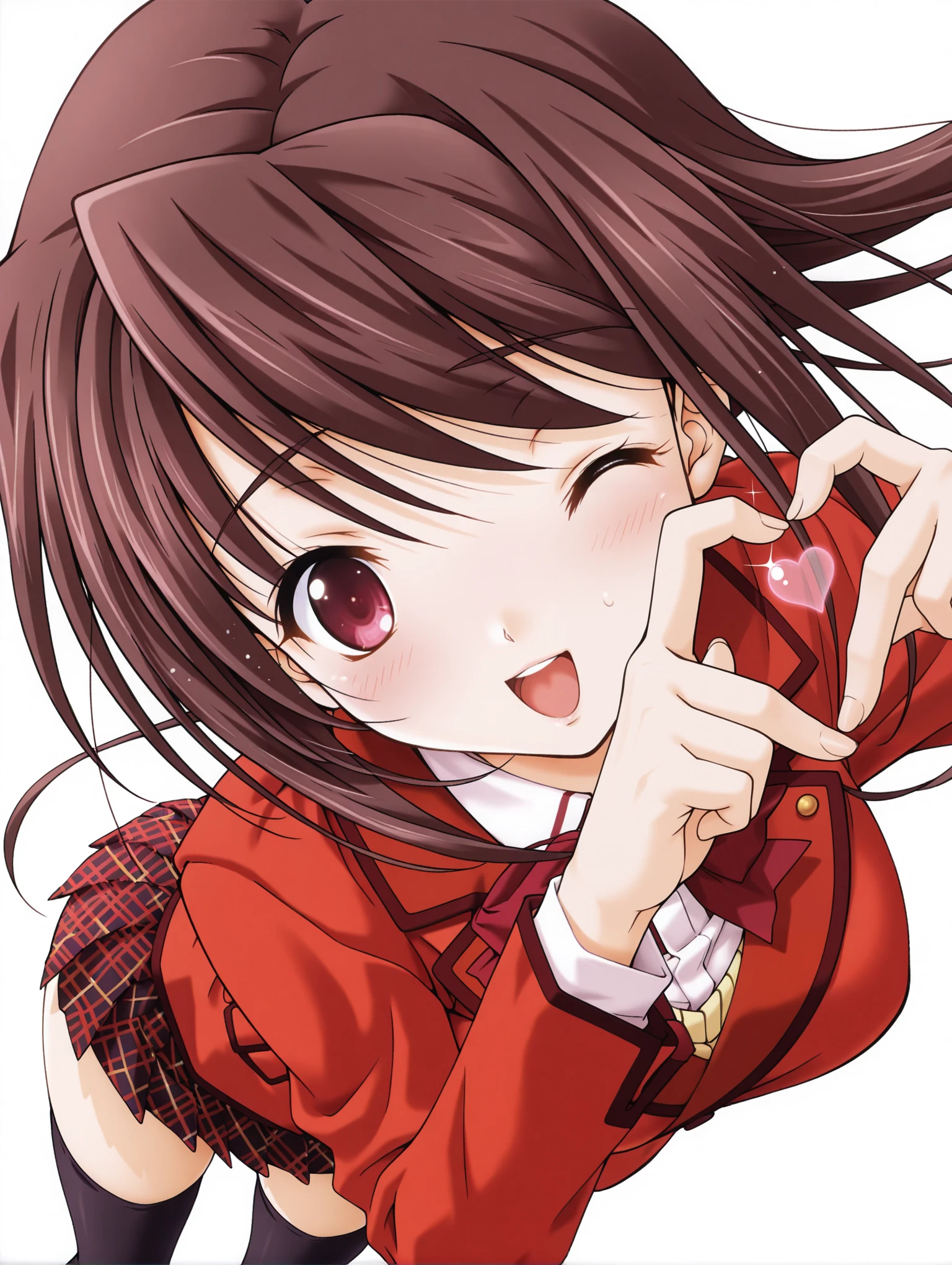 masterpiece,best quality,amazing quality,1girl,solo,
<lora:hina_asuka_ilxl_v1:1>,h_as,a_clothes,blazer,red plaid skirt,black_thighhighs,
<lora:Fixhands_anime_bdsqlsz_V1:1>,cinematic_angle,dynamic_angle,white_background,simple_background,face_focus,looking_at_viewer,light_blush,sparkle,portrait,one eye closed,heart hands,from_side,arched_back,laughing,cowboy_shot,
