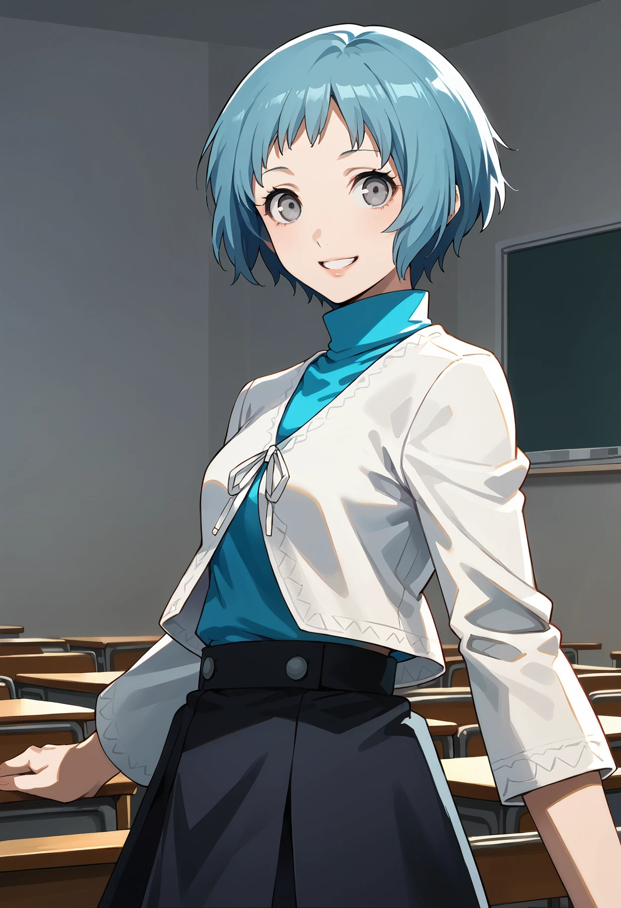 score_9, score_8_up, source_anime
(masterwork, masterpiece, best quality, hyper-detailed :1.2),
1 girl, solo, cute face,
p3fuuka, yamagishi fuuka, short hair, aqua hair, gray eyes,
p3fuuka-sumuni, turtleneck, aqua turtleneck, cardigan, white cardigan, open cardigan, skirt, gekkoukan high school uniform
classroom, standing, looking at viewer, smile, side view, excited, happy,
