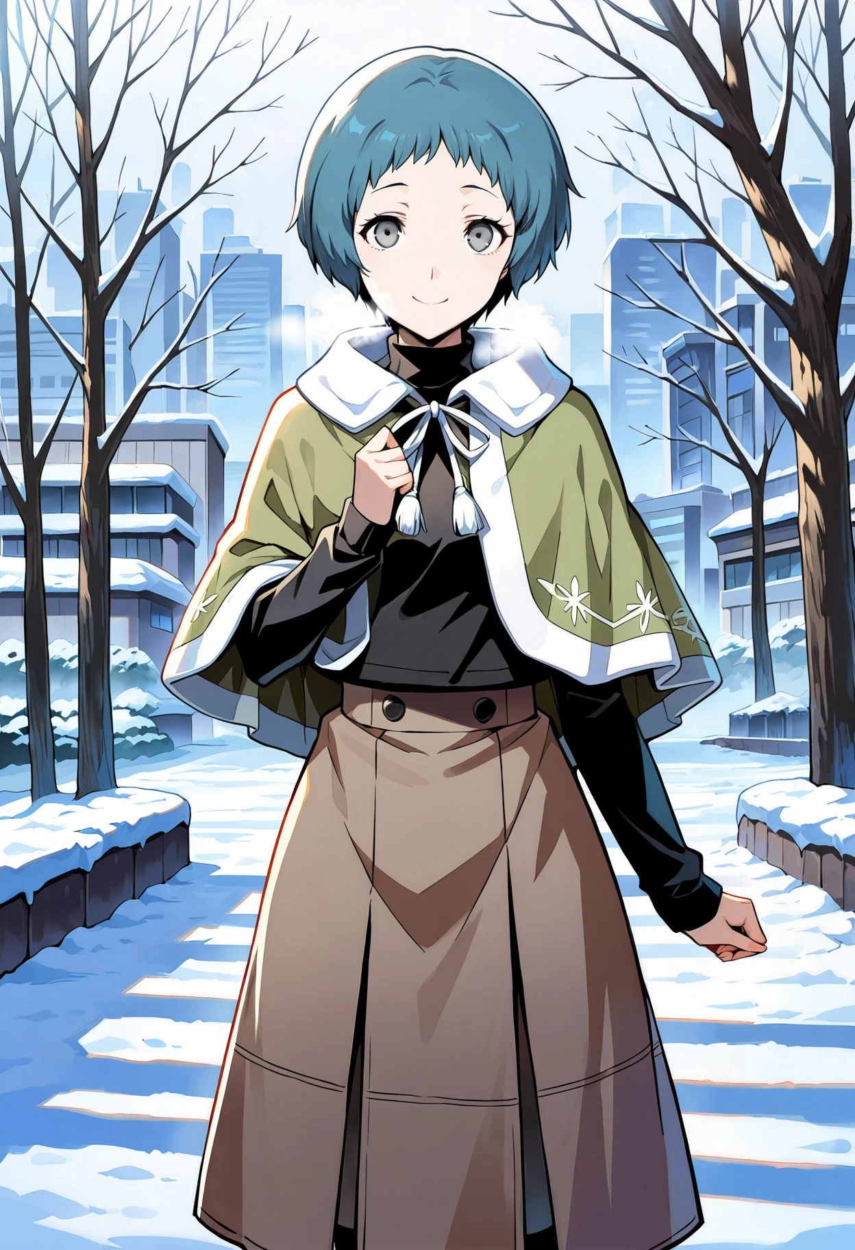 (masterwork, masterpiece, best quality, hyper-detailed :1.2),
1 girl, solo, cute face,
p3fuuka, yamagishi fuuka, short hair, aqua hair, gray eyes,
p3fuuka-wincas, capelet, green capelet, sweater, turtleneck, long sleeves pantyhose, black pantyhose, skirt, long skirt,
outdoors, cityscape, trees, cold, winter, foggy breath, looking at viewer, smile,
