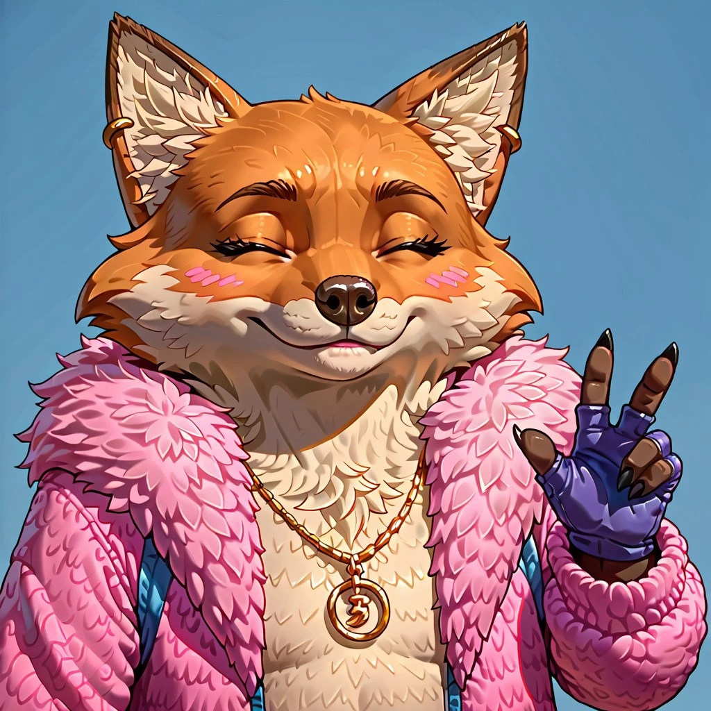 score_9, score_8_up, score_7_up, Expressiveh, masterpiece, best quality, highly detailed, realistic, 1boy, solo, DanzaPA, furry, anthro, tanuki, raccoon dog, white inner ear fluff, dark-brown eyebrows, dark-brown nose, orange body, orange fur, white body, white fur, two tone body, two tone fur, gold earrings, eyewear, gold necklace, pink jacket, fur jacket, open jacket, upper body, close-up, (blue background, simple background), smile, closed mouth, peace sign, 5 fingers, black claws, eyes closed, blushing, (purple fingerless gloves)