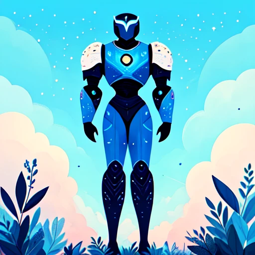 <lora:Flat_Cartoon_IllustrationSD1:1> ArsMJStyle, Flat Cartoon Illustration, The image shows a man in a blue suit standing in the middle of a field surrounded by plants and clouds in the sky., solo, sky, cloud, samus aran, star (sky), full body, standing, power armor, helmet, starry sky print