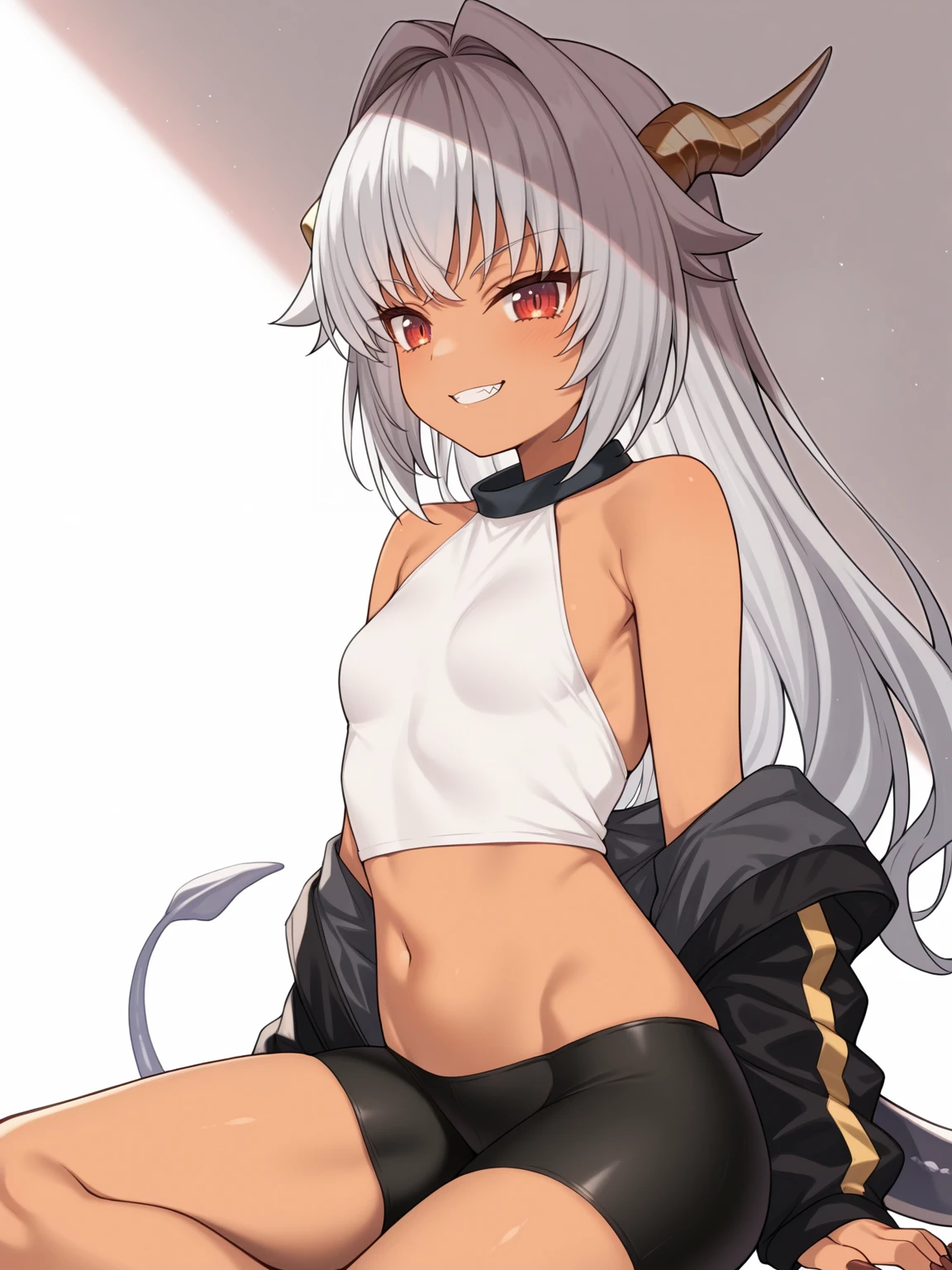 masterpiece, best quality, 1girl, solo, <lora:IL_UrsulaYDdraig:1>, ilursula, long hair, grey hair, red eyes, split pupils, small breasts, dragon horns, dragon tail, dark-skinned female, sharp fingernails, long fingernails, grin, white shirt, black neckband, loose neckband, sleeveless, crop top, bike shorts, black jacket, open jacket, sitting