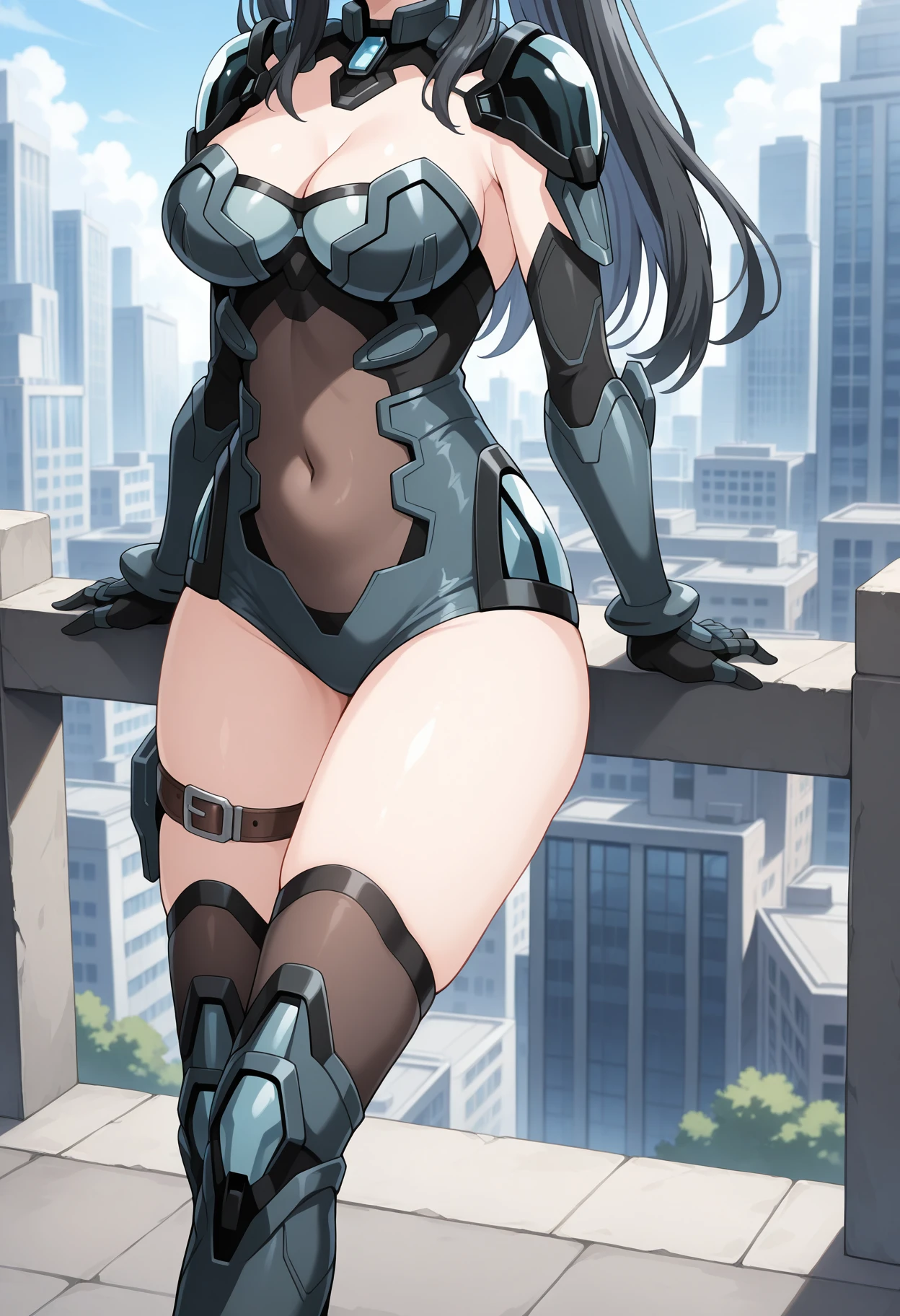 masterpiece, absurdres, newest, 1girl, solo, c-ast, unitard, headgear, armor, thighhighs, thigh boots, elbow gloves, cleavage cutout, thigh strap, outdoors, depth of field, city, head out of frame, long hair,