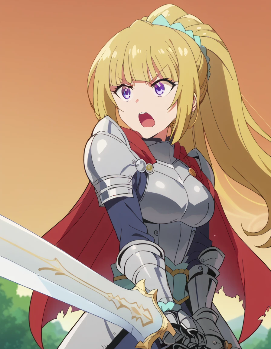 score_9, score_8_up, score_7_up, source_anime, <lora:kei-karuizawa-anime-s2-ponyxl-lora-nochekaiser:1>, kei karuizawa, long hair, bangs, blunt bangs, purple eyes, blonde hair, hair ornament, ponytail, scrunchie, blue scrunchie, medium breasts, anime screencap, <lora:sunrise-stance-ponyxl-lora-nochekaiser:1>, sunrise stance, weapon, sword, solo, open mouth, holding weapon, holding, holding sword,, <lora:knight-ponyxl-lora-nochekaiser:1>, knight, armor, cape, shoulder armor, gauntlets, helmet, pauldrons, red cape,,
