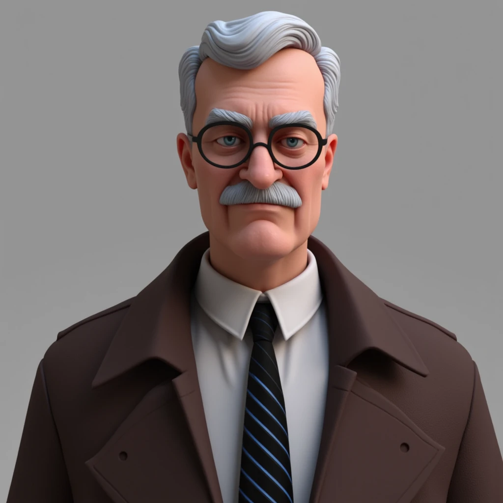 UHD, 4k, ultra detailed, cinematic, a photograph of <lora:Gotham City Batman Animated style v2:0.7>
3D Commissioner James "Jim" Gordon In Gotham City a man with a mustache and glasses wearing a suit, solo, short hair, simple background, shirt, jacket, white shirt, upper body, white hair, grey hair, necktie, glasses, striped, collared shirt, grey background, coat, facial hair, formal, portrait, black necktie, black-framed eyewear, brown jacket, mustache, closed mouth, old, old man, blue eyes, looking to the side, suit, striped necktie, epic, beautiful lighting, inpsiring