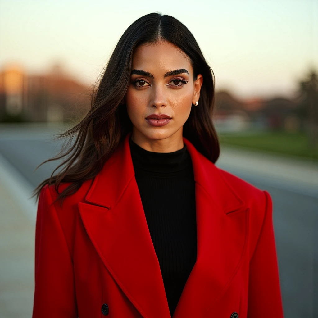 mel_barrera, A fashion portrait of a beautiful woman wearing a red jacket, shot on sony a7riv camera, outdoor, volumetric lighting, photorealism,