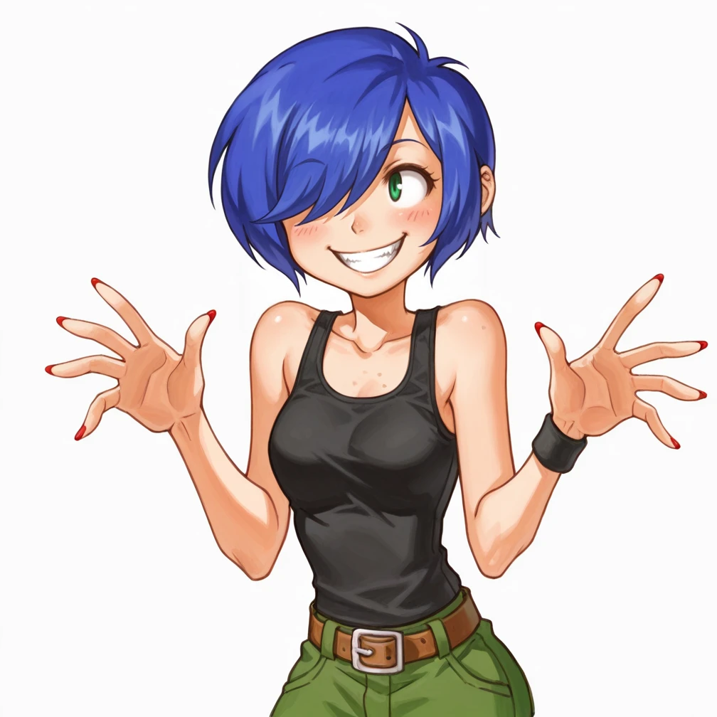 (((close-up view))),white background,
<lora:NeoGeo_Battle_Coliseum:1>, Neogeo, BREAK
1girl, solo, masterpiece, best_quality, absurdres, perfect quality, high quality ,BREAK
<lora:MarieKankerIllustrious1.0JLFO:0.5> mariek, short hair, blue hair, 1girl, hair over one eye, black tank top, solo, green pants, belt, grin, nail polish, freckles