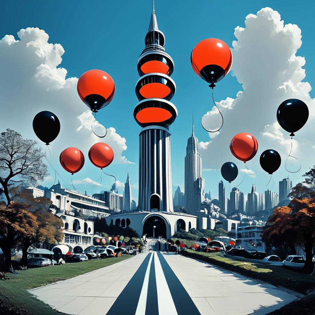 Score_9, score_8_up, score_7_up, score_6_up, BREAK <lora:Abstract_Retro_Future_MoviePony:1> ArsMovieStill, Movie still from an abstract retro future movie, The image is a digital illustration of a tall tower with a unique design. The tower is made up of multiple levels with the top level being the tallest and the bottom level being smaller. The top level has a red and white striped pattern and there are several circular objects floating around it. The objects appear to be spheres or spheres of different sizes and shapes. The background is a dark blue sky with white clouds and the tower is surrounded by trees and buildings. The overall mood of the image is surreal and dreamlike., sky, cloud, tree, outdoors, no humans, blue sky, scenery, day, traffic light, balloon