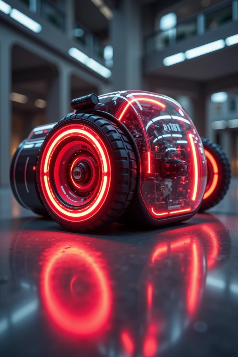 Enhanced_Lighting_and_Textures,The image features a futuristic robotic device with a sleek,cylindrical design,predominantly black with vibrant red accents. The device has two large,transparent wheels that glow with a neon red light,suggesting advanced technology,possibly for illumination or signaling. The wheels are connected by a central hub that houses intricate mechanical components,visible through the transparent casing,indicating a complex internal structure. The device is positioned on a reflective surface,likely a polished concrete floor,which mirrors its image,enhancing the high-tech aesthetic. The background is blurred but appears to be an indoor setting with modern architecture,characterized by clean lines and neutral colors,which complements the device's futuristic appearance. The overall impression is of a cutting-edge piece of technology,possibly a prototype or concept design for a robotic vehicle or autonomous machine.,