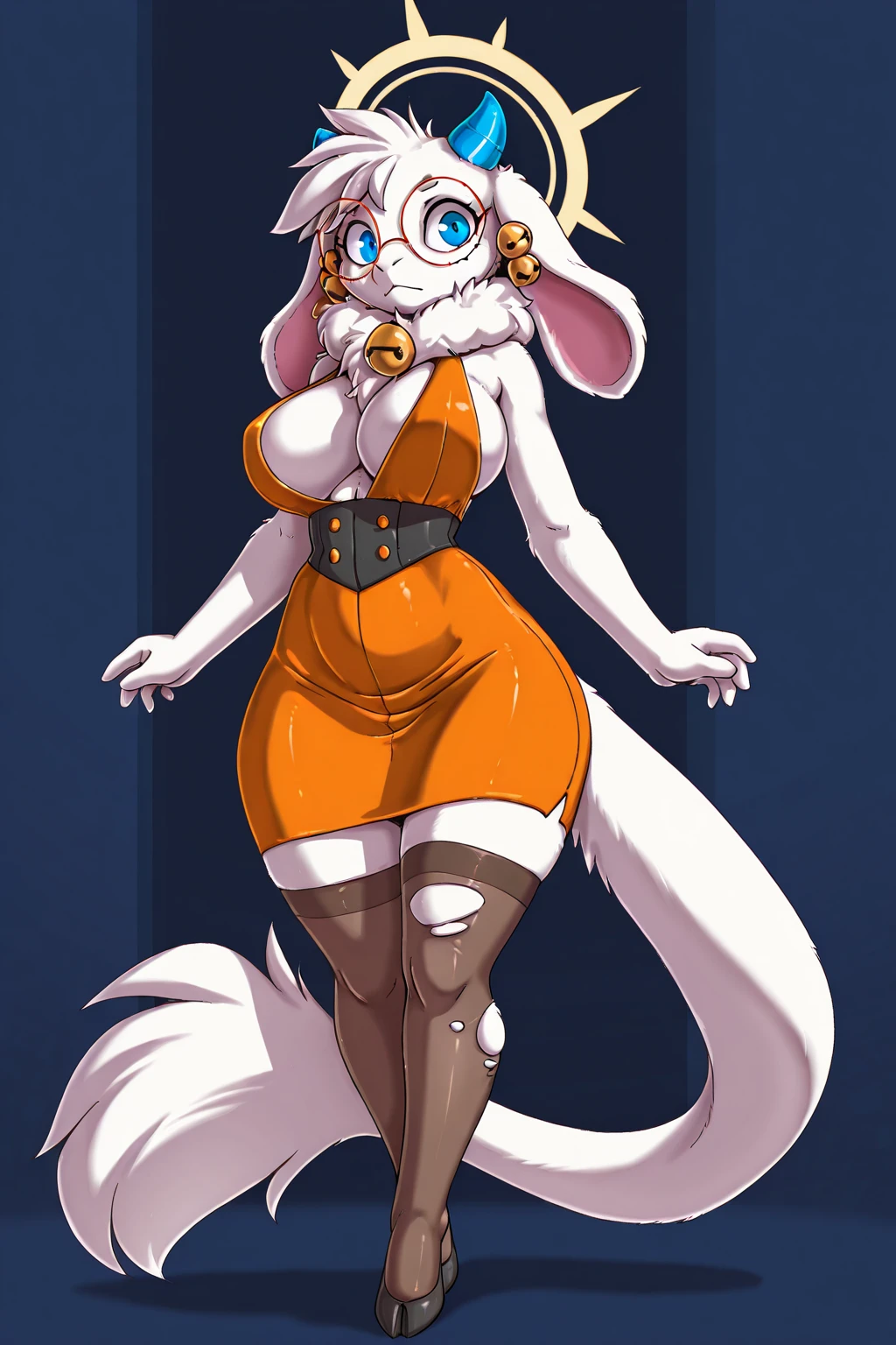 masterpiece, high quality, best quality, hi res, digital media \(artwork\), <lora:Angela-Illus:1>, goat, caprine, floppy ears, big breasts, blue eyes, white fur, white body, bell collar, neck tuft, round glasses, blue horn, tall, thick thighs, wide hips, bells, long tail, orange skirt, pencil skirt, thigh highs, halo, torn stockings, by jay naylor
