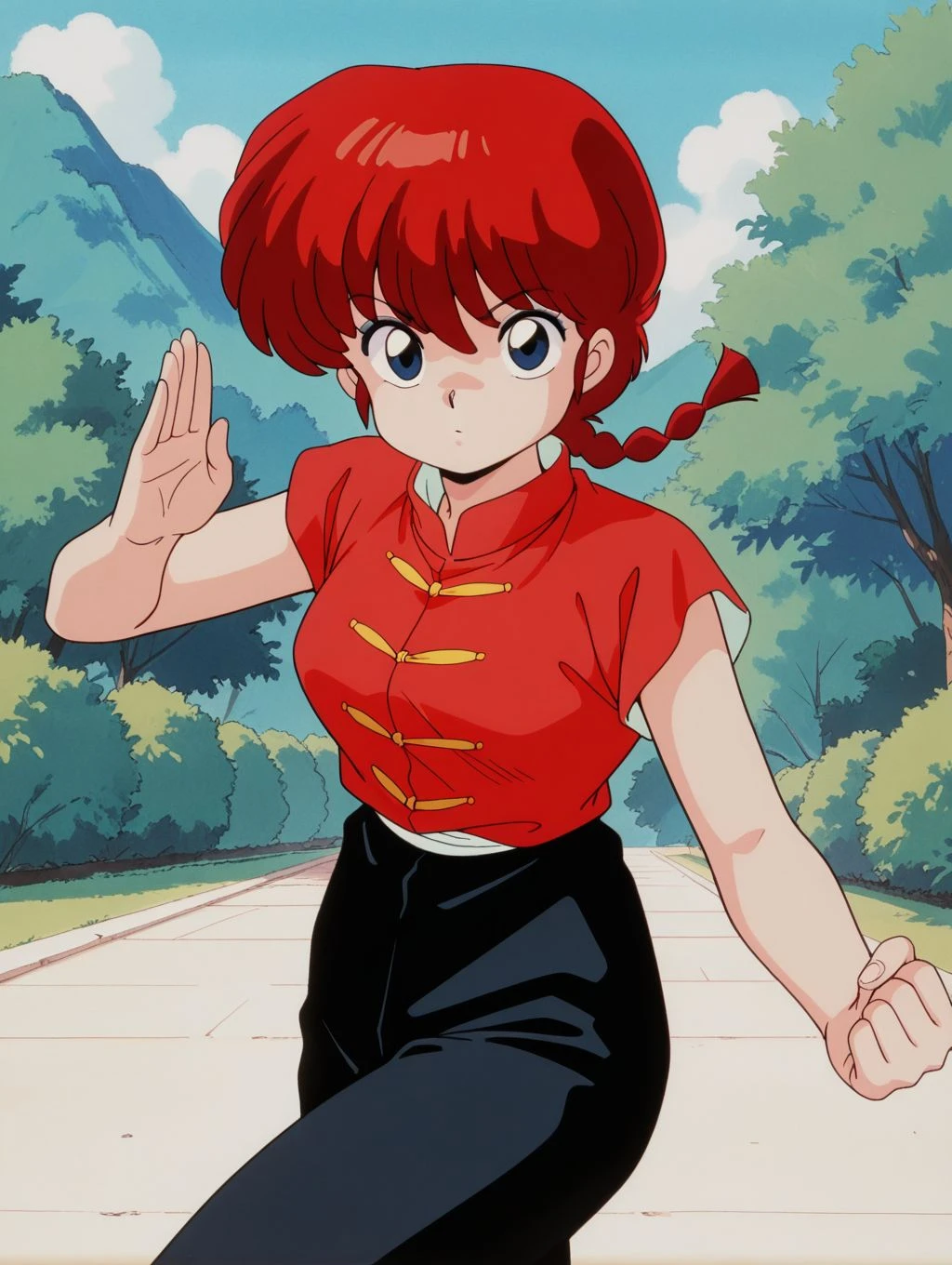 masterpiece, best quality, newest, absurdres, highres, detailed eyes, beautiful, detailed background, perfect eyes, anime coloring, retro artstyle, 1990s \(style\), 1girl, solo, ranma-chan, red hair, long hair, single braid, blue eyes, medium breasts, chinese clothes, tangzhuan, red shirt, sleeves rolled up, black pants, (outdoors, fighting stance), <lora:r4nm4_c_rnm-08:0.8>