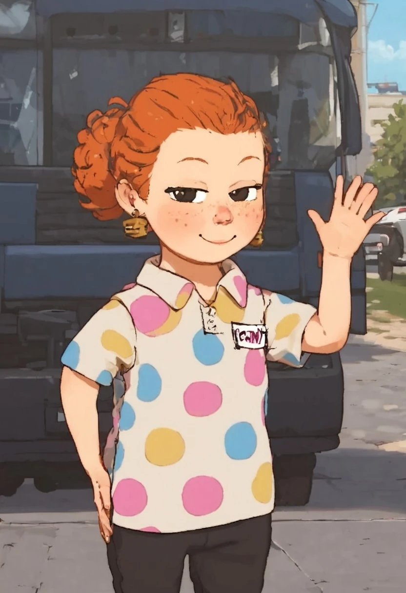 penny_bgtpb_casual, 1girl, chibi, curly orange hair (redhead, hair bun), big eyes, black eyes, freckles, earrings, white polo shirt (multicolored polka dots, name tag), black pants, black shoes, score_9_up, score_8_up, score_7_up, solo, looking at viewer, smiling, waving at viewer, standing, female focus, detailed background, trailer park, masterpiece, best quality, 8k, Expressiveh, easynegative, cowboy shot,