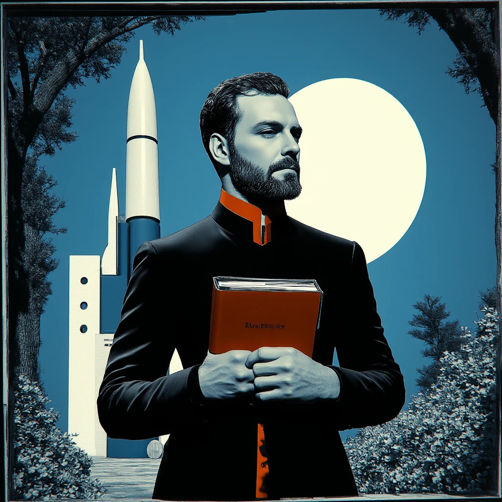 ArsMovieStill, Movie still from an abstract retro future movie, The image is a digital illustration of a man holding a book in his hands. The man is wearing a black suit with an orange collar and has a beard and mustache. He is standing in front of a blue background with a white building and a large white sphere on the right side. The building appears to be a futuristic structure with a pointed top and a tall tower on the left side. There are trees and bushes in the background. The overall mood of the image is dark and mysterious., 1boy, male focus, solo, tree, facial hair, realistic, colored skin, beard, mustache, border