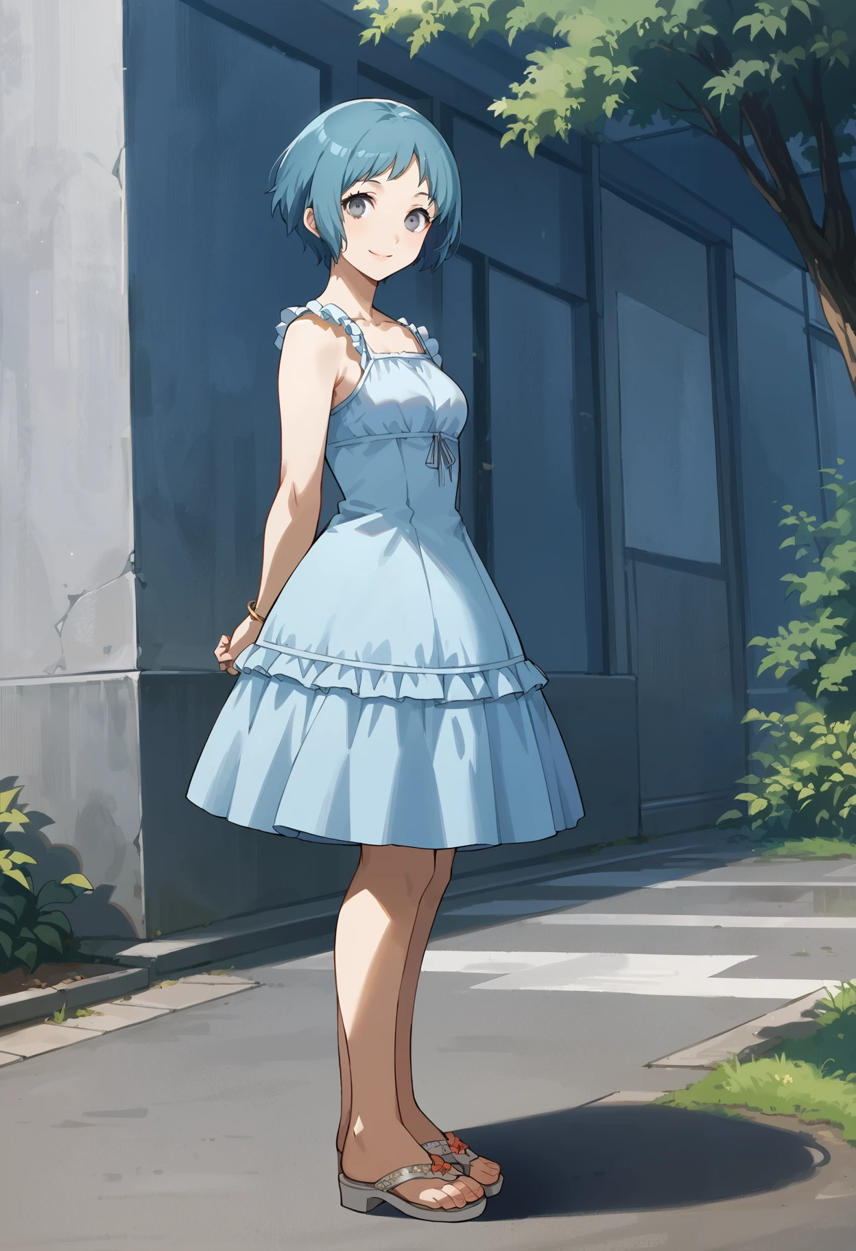 score_9, score_8_up, source_anime
(masterwork, masterpiece, best quality, hyper-detailed :1.2),
1 girl, solo, cute face,
p3fuuka, yamagishi fuuka, short hair, aqua hair, gray eyes,
p3fuuka-sumcas,dress, blue dress, sundress, casual, bracelet, sandals
outdoors, city, trees, greenery, standing, full body shot, looking at viewer, smile, side view, arms behind back,