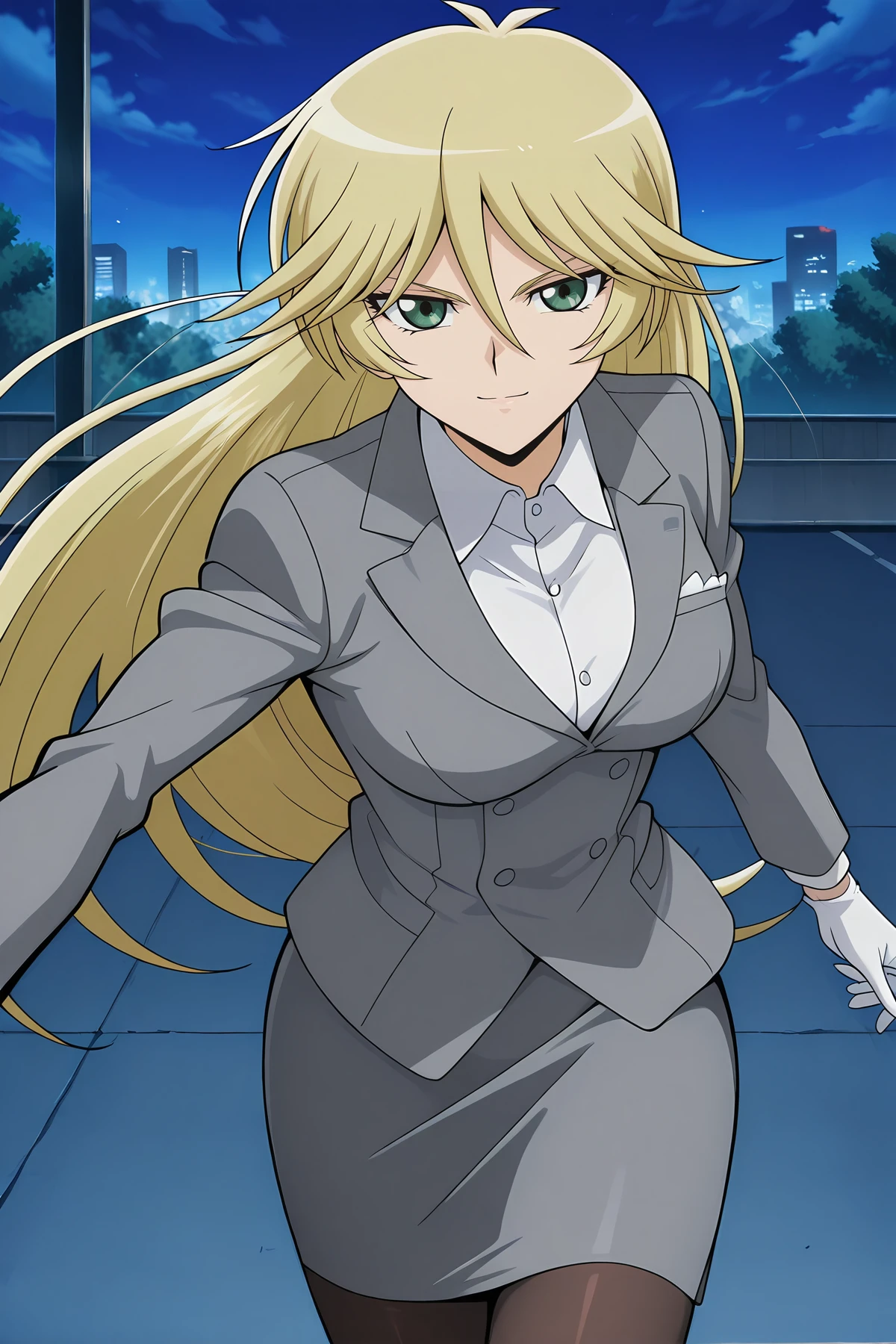 absurdres, highres, masterpiece, best quality, amazing quality, official anime artwork, screencap, anime screencap, outdoors, looking at viewer, light smile, dynamic pose, 
 <lora:Yu-Gi-Oh_5Ds:1> Sherry Leblanc, 1girl, solo, blonde hair, green eyes, hair between eyes, long hair, medium large breasts,, formal, suit, skirt suit, light grey suit, collared shirt, white shirt, uniform, gloves, pantyhose, pencil skirt,