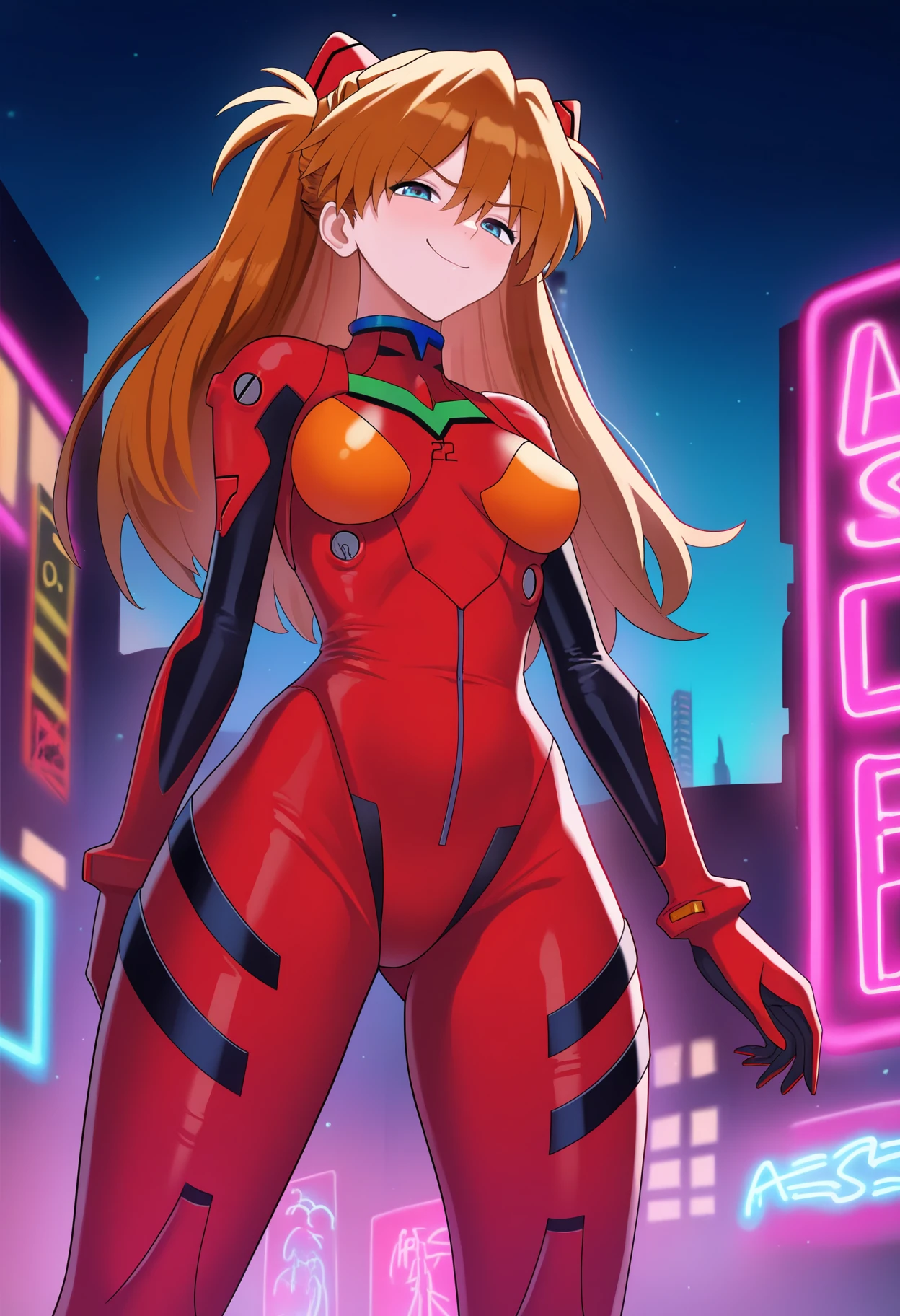 asukalangley, Asuka Langley Soryu, hair between eye, Orange hair, Long sleeves, plugsuit, Red bodysuit, BREAK outdoors, city, looking at the viewers, (masutepiece:1.2), Best Quality, High resolution, Unity 8k Wallpaper, (Illustration:0.8), (Beautiful detailed eyes), extra detailed face, Perfect Lighting, extremely details CG, (Perfect hands, Perfect Anatomy), {half-naked、topless、Pink nipples、Naked Dance、transformation、Slender、
