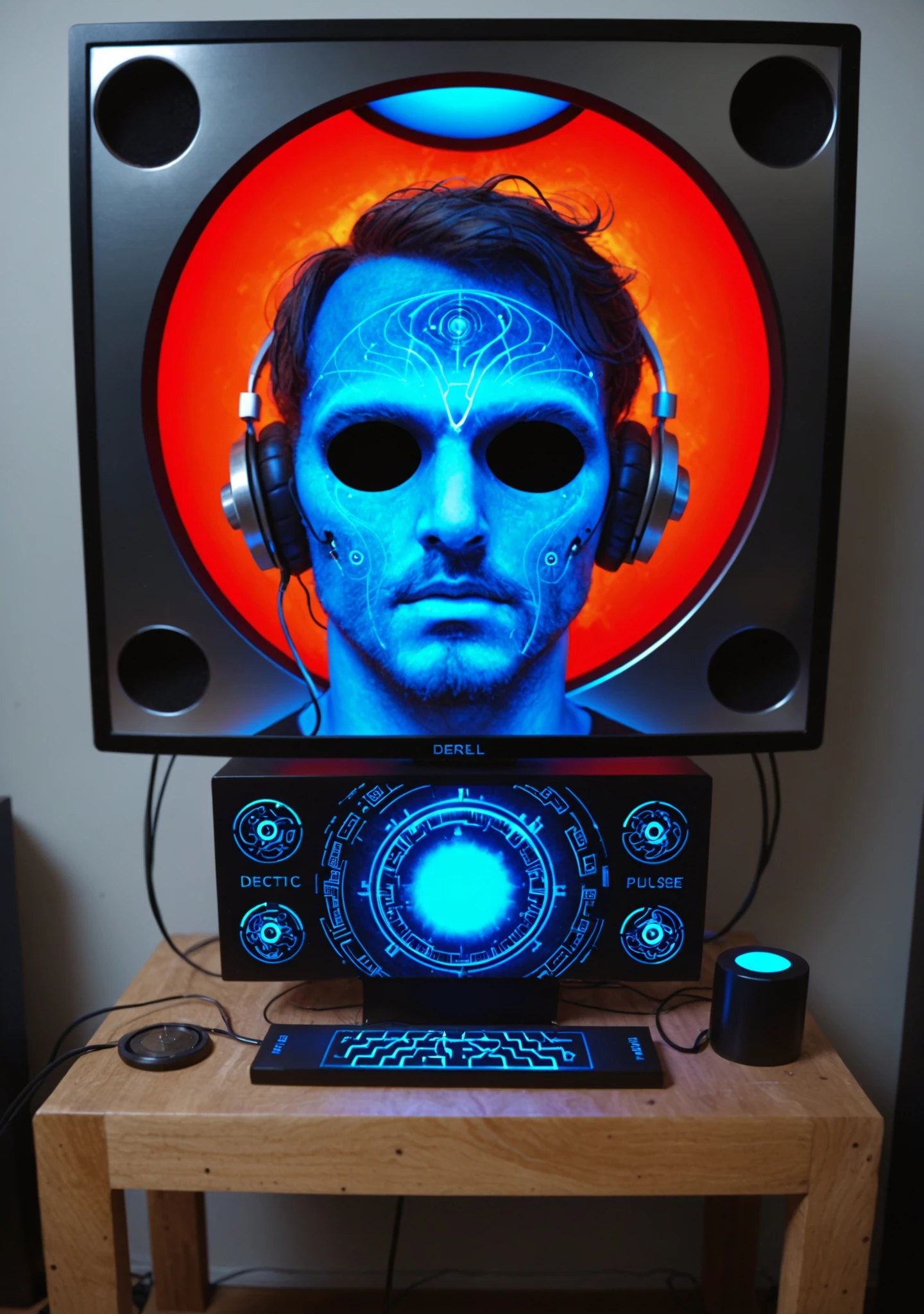 A hyper-realistic, unsettling close-up portrait fusing two enigmatic figures into a single, otherworldly being. The spectral, all-knowing cyborg emerges with a smooth, glowing surface of advanced technology, its face featureless yet alive with intricate digital patterns. Electric blue lines pulse across its surface, shifting and morphing like a living neural network, suggesting an existence within a vast interconnected web. Hollow eyes radiate an eerie, ethereal quality, as if seeing beyond the physical realm, and glowing circuits blend seamlessly into its surroundings, a deep gradient from white to pale blue filled with subtle digital glitches hinting at higher intelligence. From the shadows of this cybernetic form, the rugged presence of a slightly muscular man emerges as a faint duality. His unkempt hair falls like strands of static across the glowing face, revealing one piercing eye that gleams with intensity. A sly, mischievous grin hints at a dangerous charisma, contrasting with the pastel-colored T-shirt and oversized vintage black headphones resting heavily against the figure’s sleek, technological frame. The pale monitor glow casts an eerie light over both organic and digital textures, blending the rugged and the spectral into a single captivating, otherworldly presence. The result is an unnerving harmony of man and machine, a haunting observer that feels alive yet unreachably distant., <lora:Derelict_Faces_FLUX.safetensors:0.5:0.5>