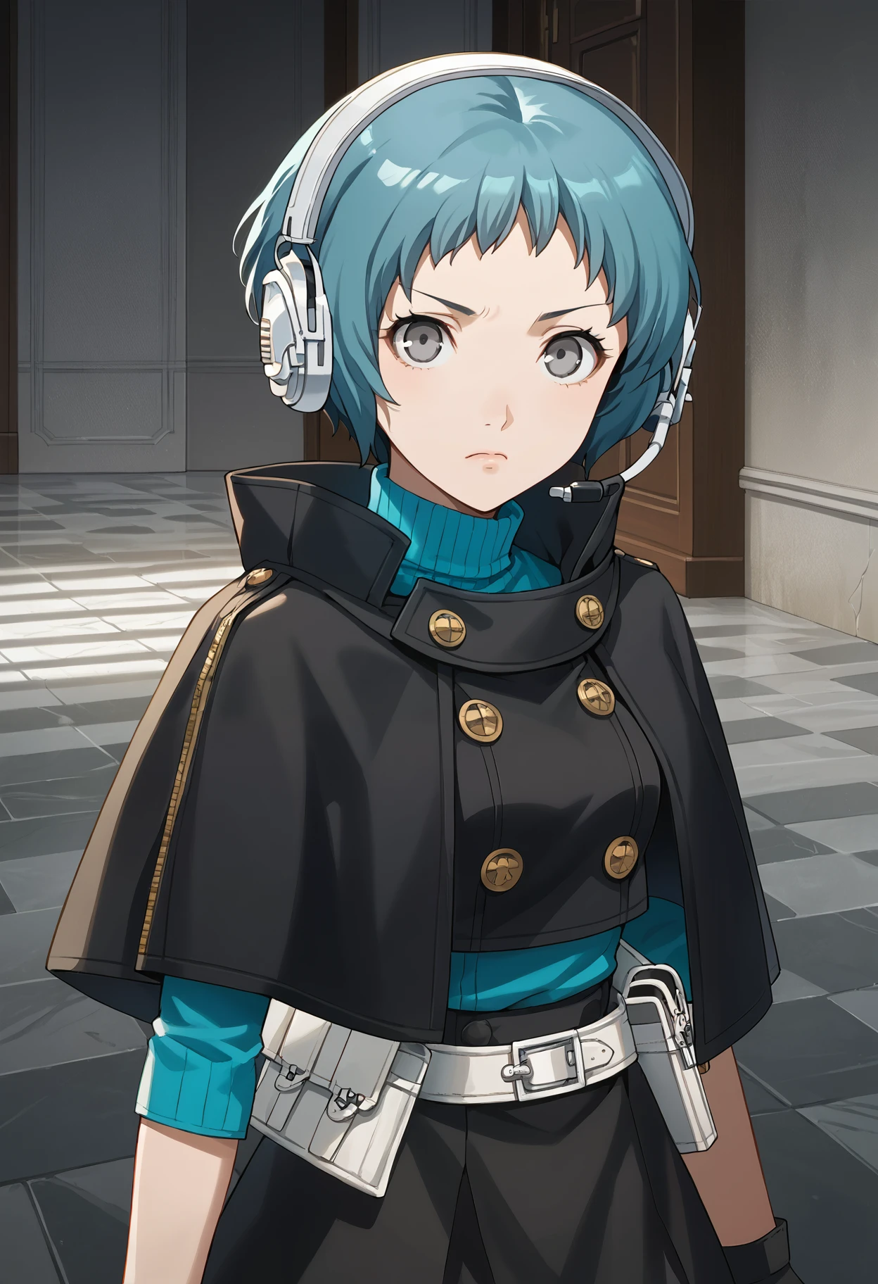 score_9, score_8_up, source_anime
(masterwork, masterpiece, best quality, hyper-detailed :1.2),
1 girl, solo, cute face,
p3fuuka, yamagishi fuuka, short hair, aqua hair, gray eyes,
p3fuuka-sees, headphones, headset, turtleneck, aqua turtleneck, capelet, black capelet, skirt, black skirt, pantyhose, white pantyhose, gloves, weapon, gun, belt, white belt, holster,
indoors, hallway, stone walls, stone floors, medieval, looking at viewer, determined, serious,