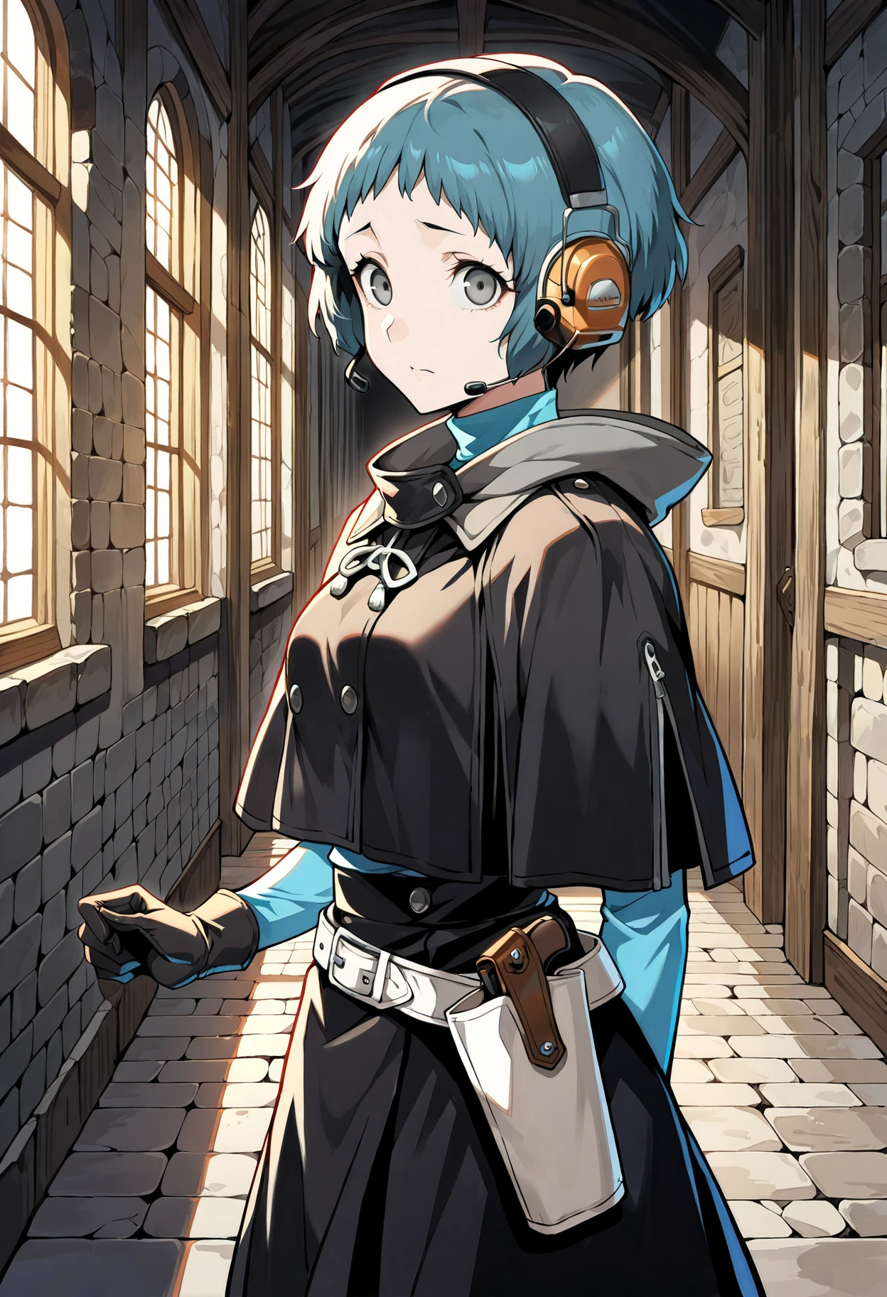 (masterwork, masterpiece, best quality, hyper-detailed :1.2),
1 girl, solo, cute face,
p3fuuka, yamagishi fuuka, short hair, aqua hair, gray eyes,
p3fuuka-sees, headphones, headset, aqua turtleneck, black capelet, black skirt, white pantyhose, gloves, white belt, white holster, buttons
indoors, hallway, stone walls, stone floors, medieval, looking at viewer, determined, scared, side view,