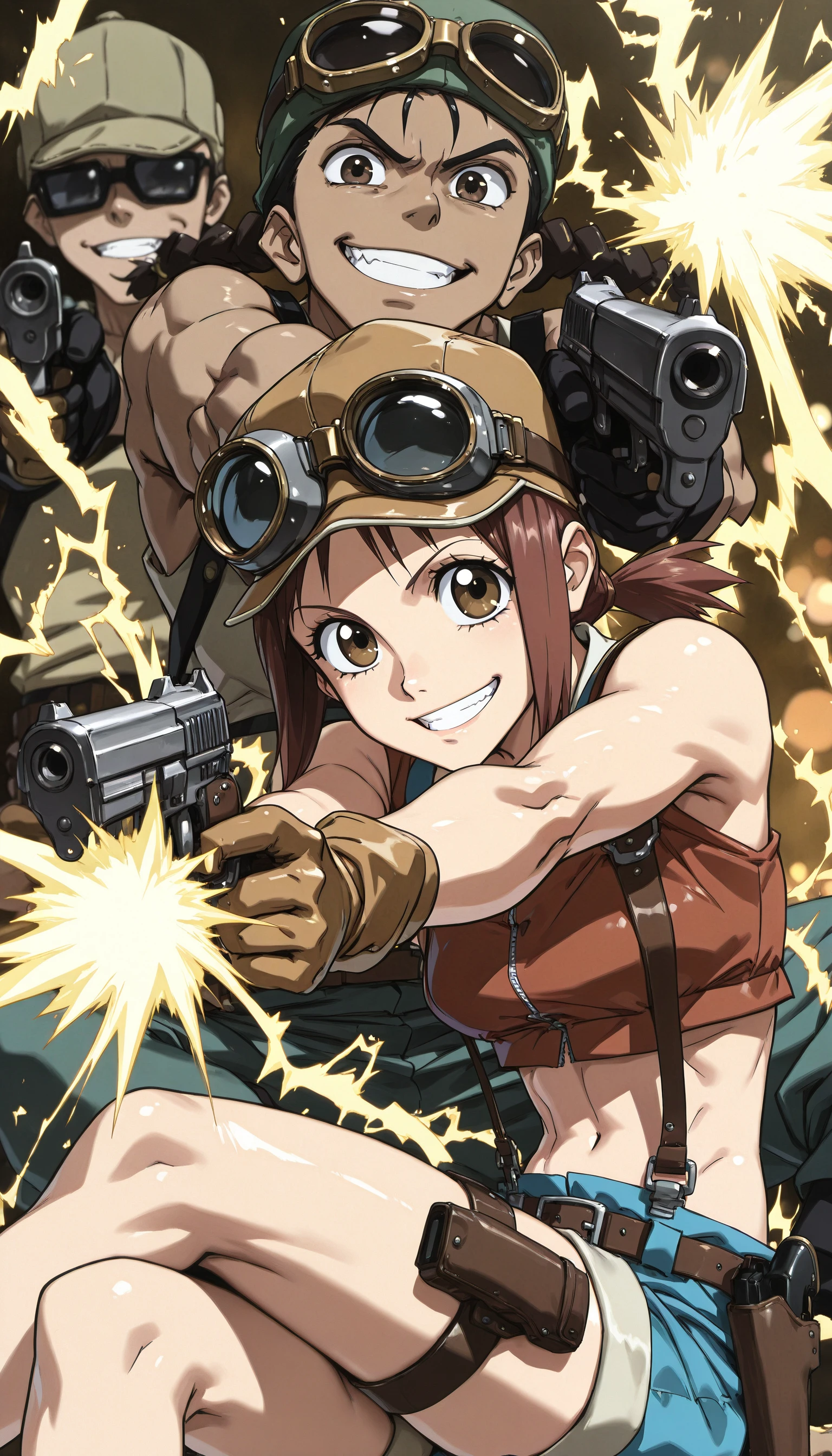 (cowboy shot, flcl, dandadan, sketch, blurry, bokeh, retro, vhs_filter, vhs_artifacts)
((FDK-Illu, 1girl, long_hair, looking_at_viewer, smile, short_hair, brown_hair, black_hair, hat, photoshop_(medium), gloves, 1boy, brown_eyes, twintails, holding, bare_shoulders, sitting, weapon, ponytail, braid, sidelocks, shorts, midriff, belt, dark_skin, grin, twin_braids, holding_weapon, gun, crop_top, muscular, thigh_strap, suspenders, sunglasses, crossed_legs, goggles, holding_gun, handgun, dual_wielding, pistol, electricity, holster, one_knee, firing, thigh_holster, aiming, aiming_at_viewer))