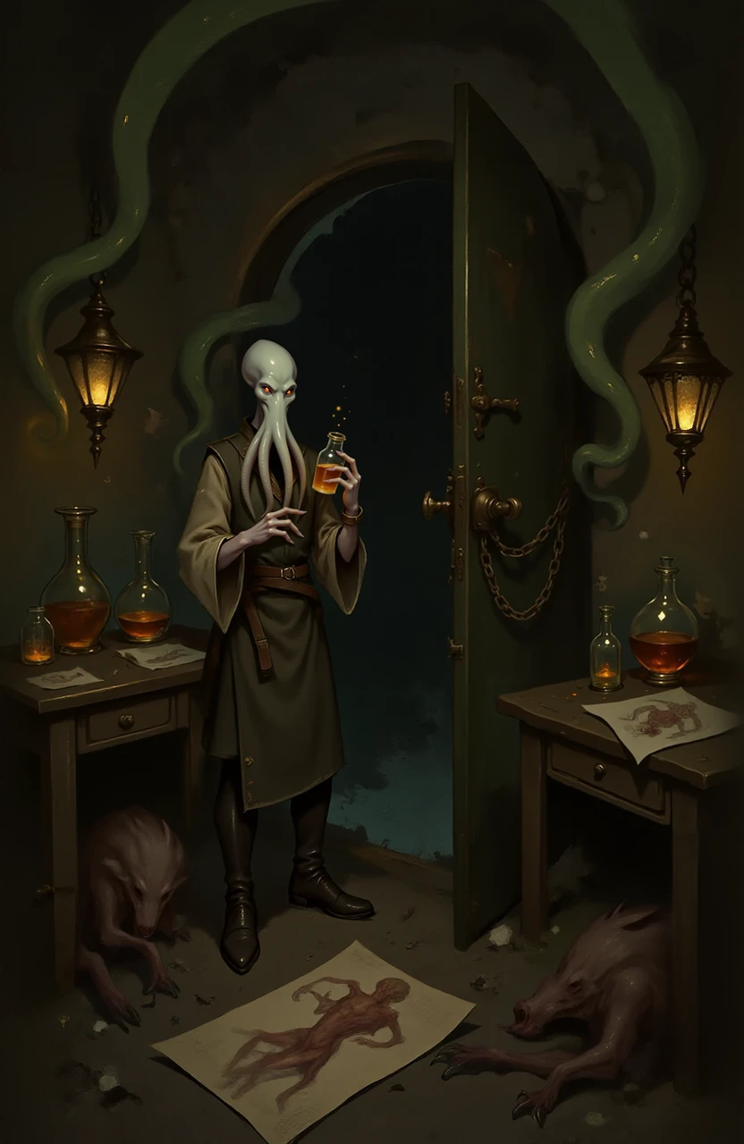 <lora:mindflayers-lora:0.9>, A crumbling stone laboratory filled with rusted alchemical equipment, shattered glass containers, and strange, pulsing organic growths creeping along the walls. An illithid scientist, dressed in a tattered leather apron, inspects a glowing vial of thick, dark liquid. The floor is covered in scattered parchment with anatomical sketches of humanoid and non-humanoid creatures. A large iron door with heavy chains is partially ajar, revealing a darkened hallway beyond