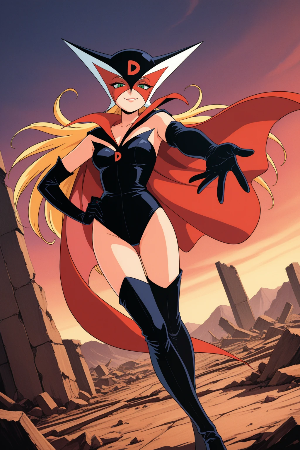 masterpiece, best quality, amazing quality, absurdres, doronjosama, smirk, confident, half-closed eyes, looking at viewer, outstretched arm, hand on hip, looking at viewer, standing, dutch angle, blonde hair, cape, mask, green eyes, black elbow gloves, black leotard, strapless, black thigh boots, outdoors, wasteland, ruins, cliff, (retro artstyle, 1970s \(style\):1.2)