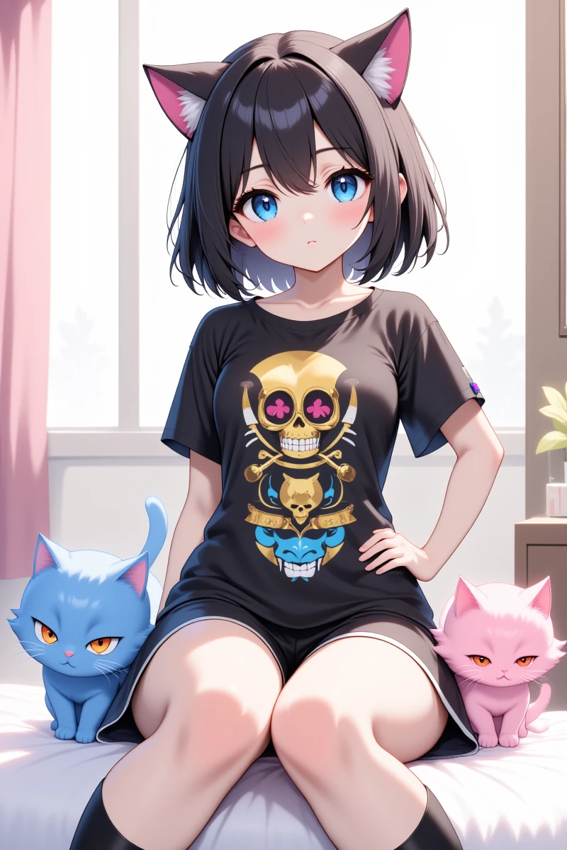 Anime_Arts,Anime_Era,This is a digital anime-style drawing of a cute, young girl with short black hair, cat ears, and blue eyes. She wears a black t-shirt with a skull and cat design, a short skirt, and thigh-high socks. A blue cat and a pink cat sit beside her on a bed.