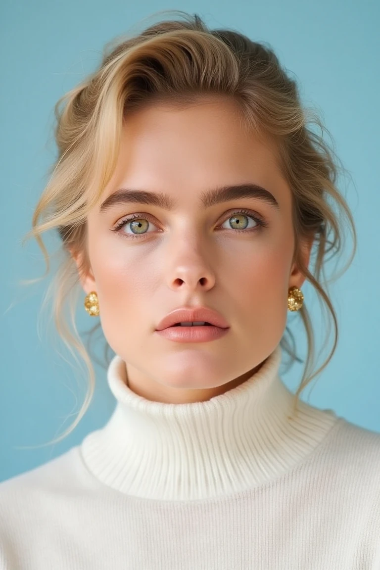 A modern portrait of a woman with her blonde hair softly styled to frame her face. She has a serene expression, with piercing eyes and a flawless, natural makeup look that enhances her features. She wears a simple white sweater, exuding elegance and sophistication. The background is a clean, gradient blue, providing a crisp contrast to her light complexion and understated gold earrings. The lighting is soft and diffused, creating a warm and inviting atmosphere while highlighting her skin's natural texture