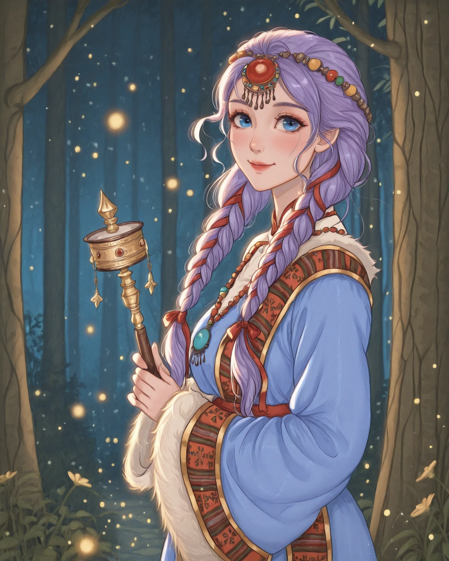 1girl, tibetfa, wearing tibetfa, ribbons in braids, purple hair, blue clothing, holding tibetfa prayer wand, light_smile, blue eyes, forest, fireflies, dandelions, accessories, extremely detailed clothing, jacquard fabric, detailed patterns, tibetfa patterns, masterpiece, highest quality, absurdres, digital art, very detailed, 8k, best quality, high resolution, <lora:TibetanFashion_Illustrious:1.1>, <lora:DisneyLike:1>