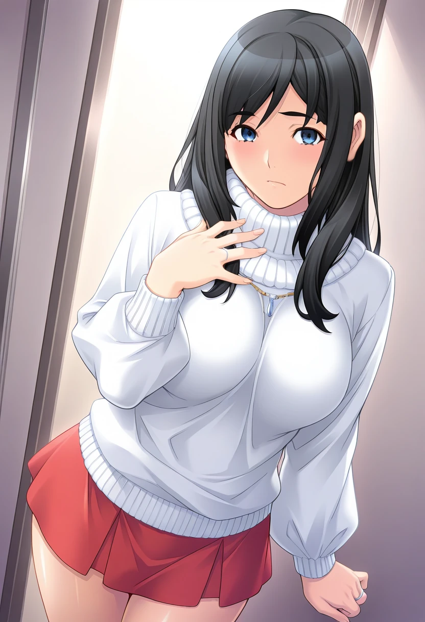masterpiece, absurdres, newest, c nanami, long hair, large breasts, black hair, blue eyes, white turtleneck sweater, puffy long sleeves, red miniskirt, untucked shirt, jewelry, looking at viewer, indoors, dramatic lighting, wedding ring, hand up,