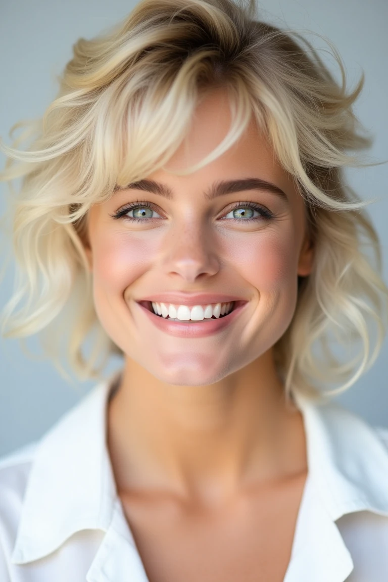 beauty shot of erikaeflx. A close-up shot of a woman. She is wearing a white blouse. Her blonde hair is styled in a tousled look. The backdrop is a light gray. She is giving a beautiful smile showing her white teeth.