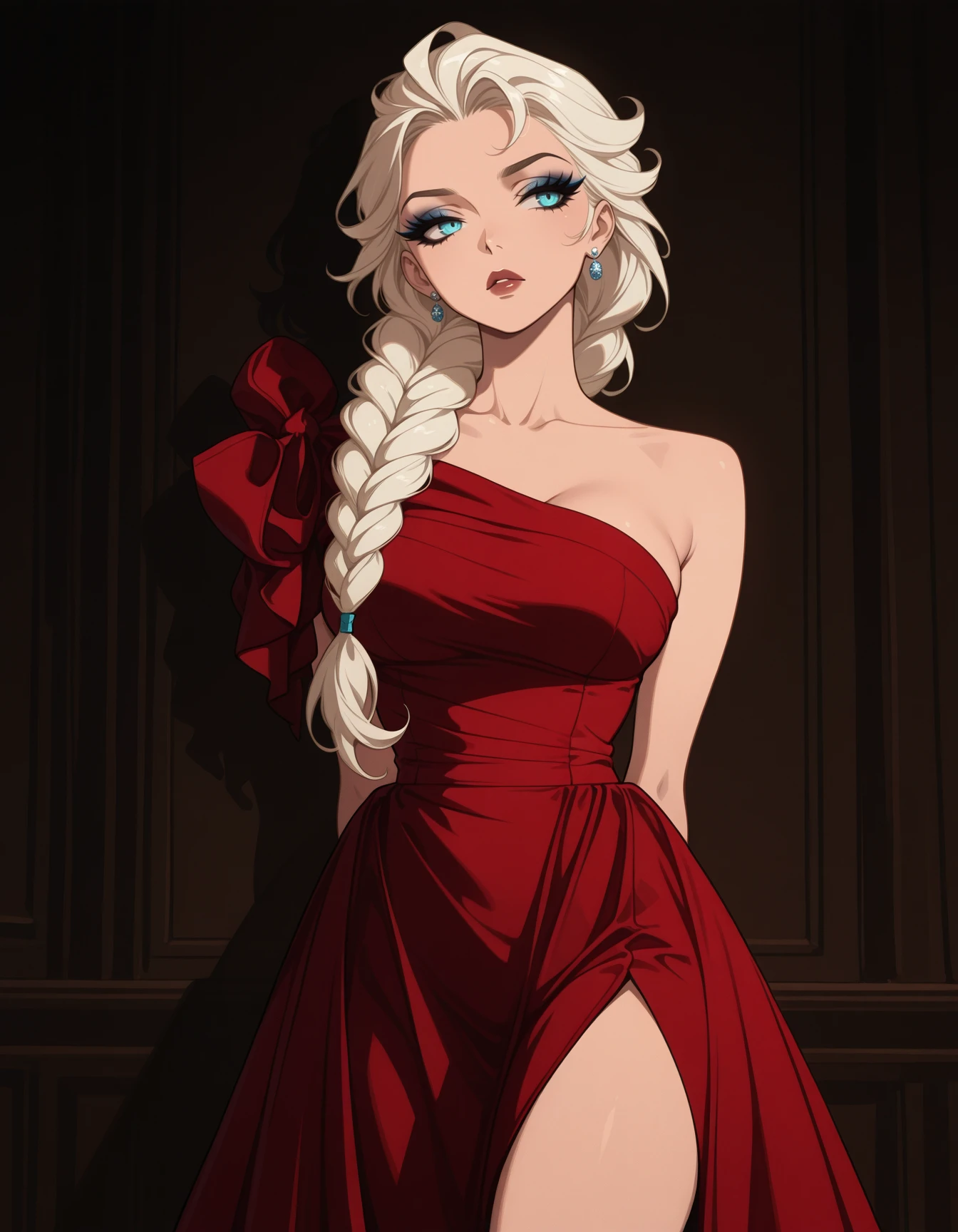 1girl, solo, elsa, long braid, wearing red dress, arms behind back, <lora:Outfit_AsymRedGown-ILXL:0.9>, standing, slit dress, <lora:Style_ecstatic-EGirlPFP-ILXL:1> EGirlPFP, dramatic eyeliner, masterpiece, best quality, very aesthetic, newest