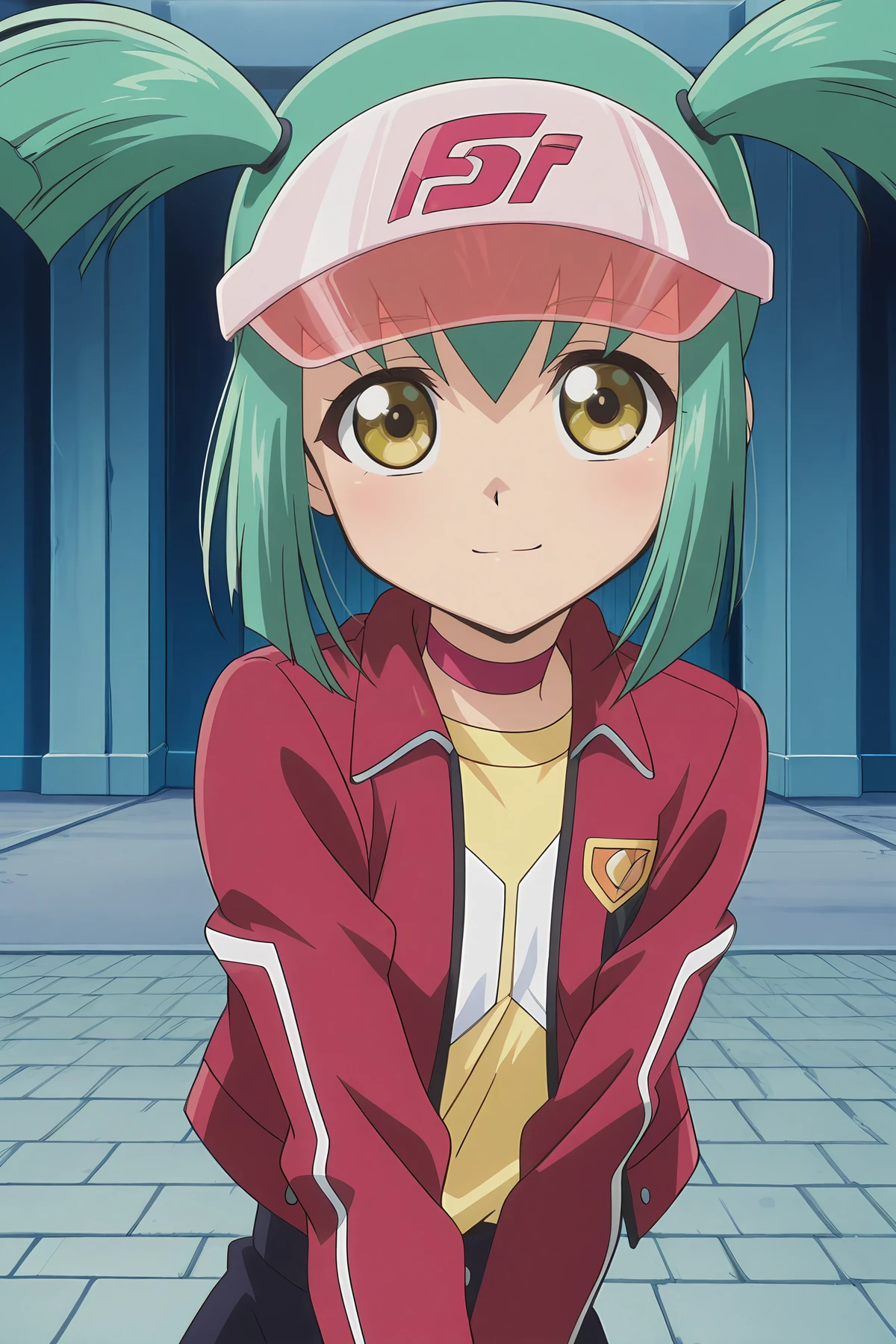 absurdres, highres, masterpiece, best quality, amazing quality, official anime artwork, screencap, anime screencap, outdoors, looking at viewer, light smile, dynamic pose,
<lora:Yu-Gi-Oh_5Ds:1> Luca, 1girl, solo, green hair, yellow eyes, twintails, short twintails, bangs, young,, visor cap, jacket, long sleeve jacket, choker, open clothes, white short, yellow shirt, red jacket, cap writting "5D's",