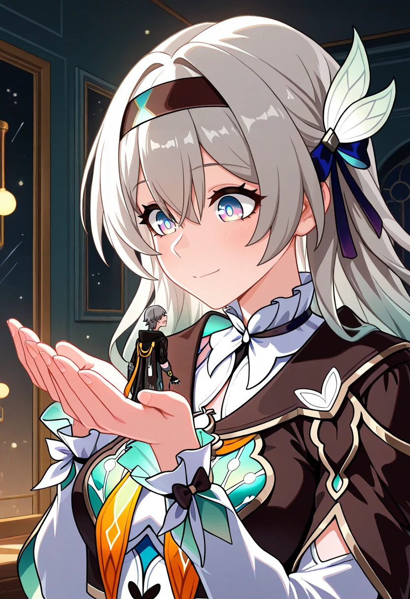 <lora:Handheld__Giantess_Concept:1> , handheld, miniboy on her hand, indoors, looking at another, ADDCOMM, caelus \(honkai: star rail\), miniboy, ADDCOL, firefly \(honkai: star rail\), giantess,, masterpiece,best quality,amazing quality,