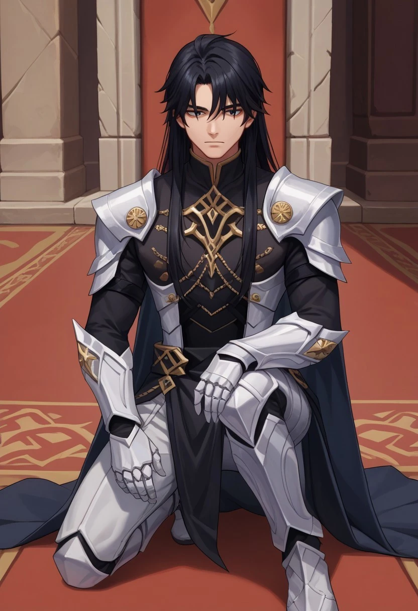 score_9, score_7_up, source_anime
ilcapitano, 1boy, male focus, solo, black hair, long hair, armor, shoulder armor, white armor, shirt, black shirt, on one knee, head out of frame, carpet, facing throne,
