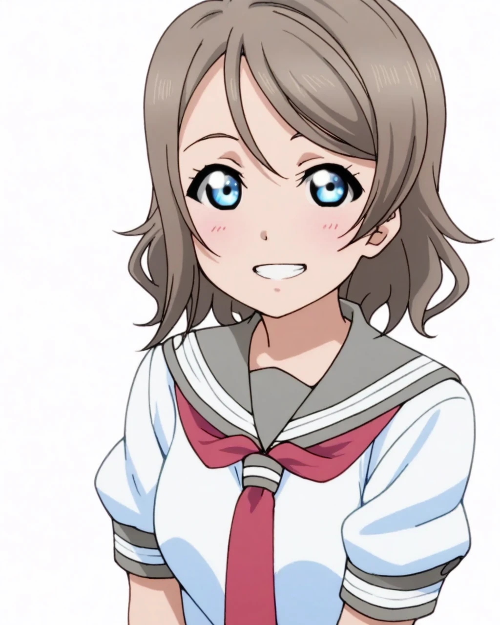 best quality, masterpiece, (anime screencap, simple background, solid white background:1.5), 1girl, solo, looking at viewer, upper body, <lora:you-lovelivesunshineIL:0.8>, you watanabe, short hair, school uniform, serafuku, grey sailor collar, white shirt, red necktie, short sleeves, smile, grin