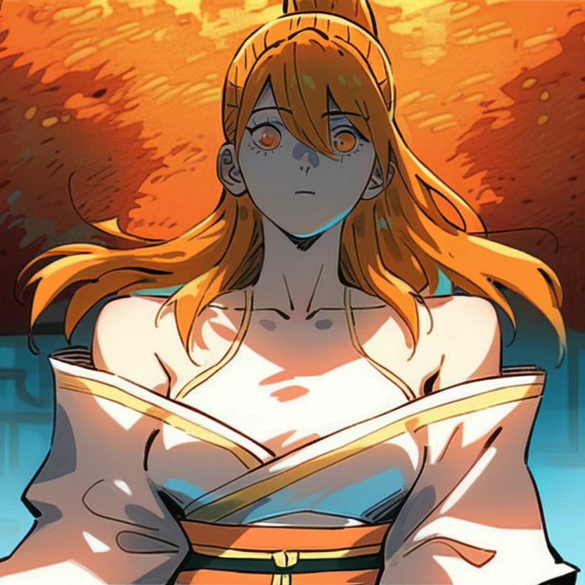 score_9, score_8_up, score_7_up, xiaoninger, 1girl, ponytail, long hair, orange hair, bangs, orange eyes, bare shoulder, breasts, collarbone, hair between eyes, white dress, kimono, sash, two tones dress, full color, vibrant color, cowboy shot, detailed face, facing viewer