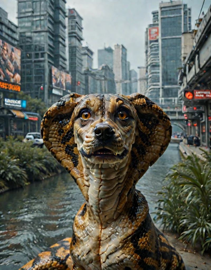 snakedog, realistic, <lora:Snake_Dog:1>, huge eyes, looking at viewer, in a crowded street, cute, <lora:City_Worlds:0.8> citybkg, wet, from ground, billboards on buildings, vegetation, river,