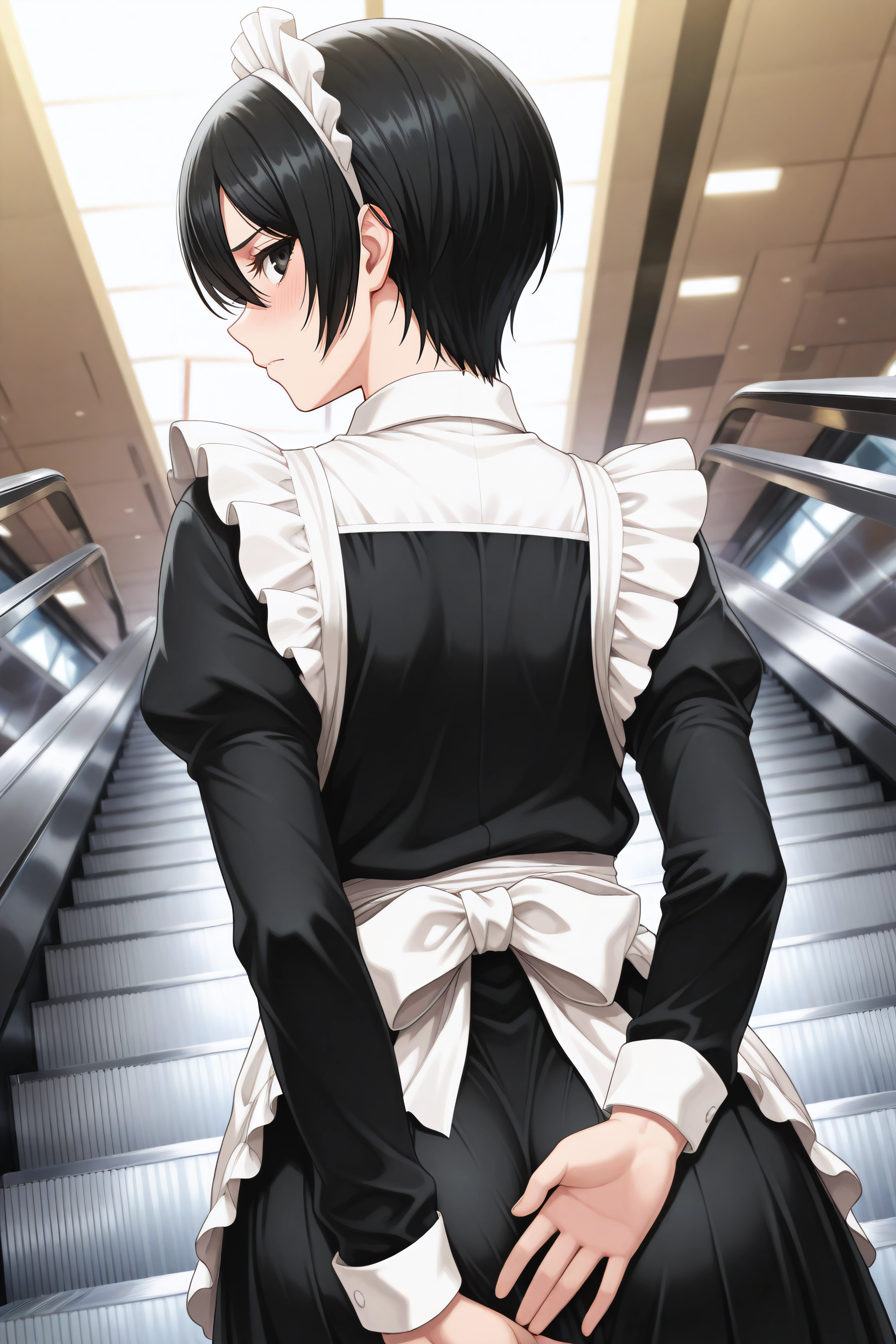 (masterpiece, best quality), <lora:AdMikAckr-Illustrious-lora-Faxtron:1> admikarman, black eyes, black hair, short hair, maid,
covering crotch, covering privates, from behind,escalator , covering ass, <lora:coveringcrotch_Illust_v1:0.8> dutch angle, upper body, looking back,