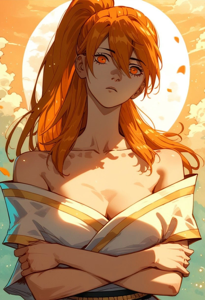 (score_9, score_8_up, score_7_up, score_6_up),
xiaoninger, 1girl, ponytail, long hair, orange hair, bangs, orange eyes, bare shoulder, breasts, collarbone, hair between eyes, masterpiece, best quality, portrait, green pastures, head tilt, looking at viewer, facing viewer, dynamic angle, golden light,light particles, cowboy shot, crossed arms under breasts