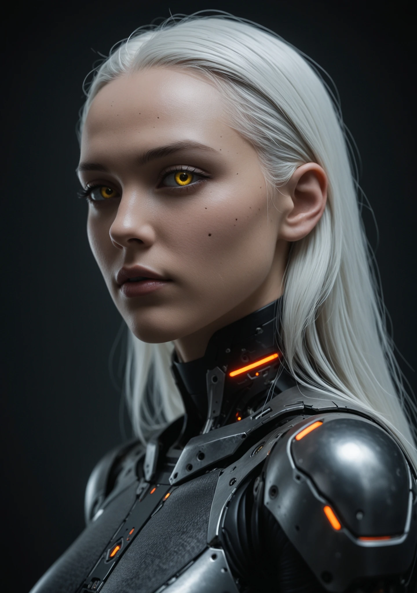 digital artwork of a futuristic, cyberpunk-styled female android with pale skin, long white hair, and large, expressive eyes. She wears a form-fitting, high-tech bodysuit with exposed, intricately designed mechanical parts, revealing ample cleavage. The background is a solid, bright yellow, contrasting with her monochromatic attire. The lighting is even, highlighting her sleek, metallic textures. The image is a close-up, side profile, emphasizing her elegant, yet robotic appearance.