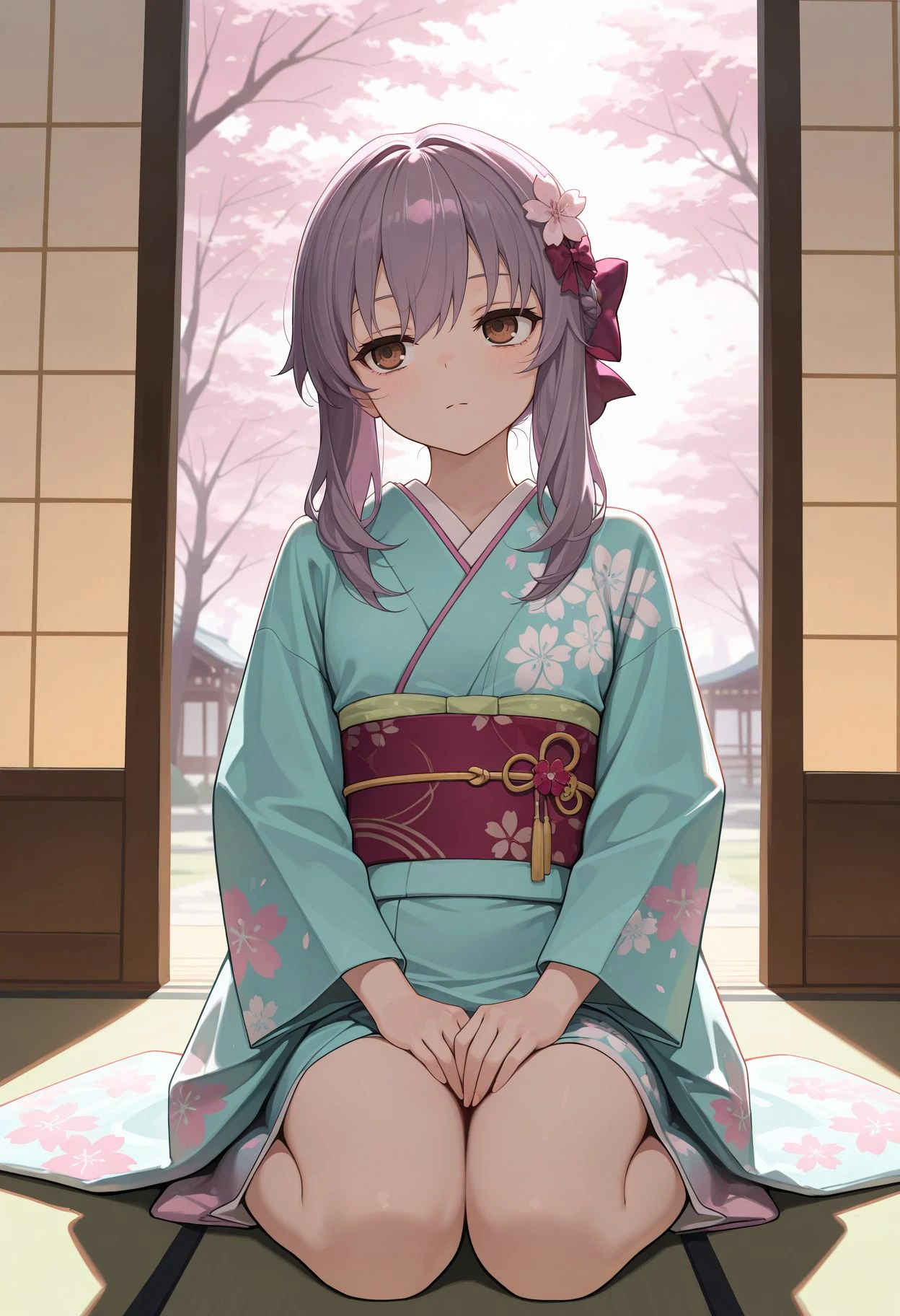 masterpiece,amazing quality,best quality,ultra-detailed,8K,illustration, amazing quality, newest, absurdres, ,perfect body, perfect face, rim lighting, outdoors,cherry blossoms,standing,cowboy shot,
, indoors, kimono, hair flower, floral print, wariza, kneeling,  <lora:Shinoa Illu:1> aahiragi, 1girl, long hair, hair bow, purple hair, brown eyes