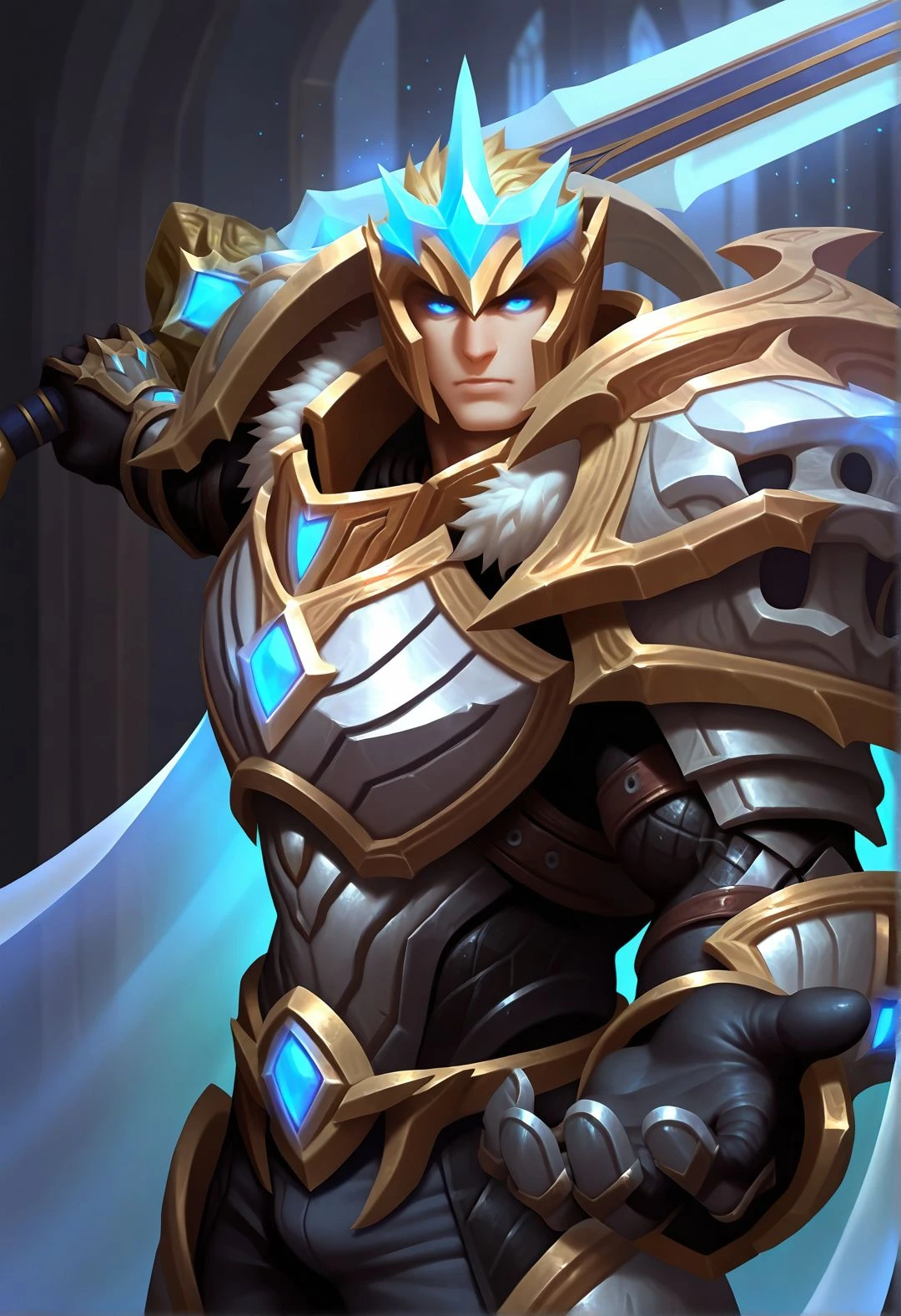 1boy,blue eyes,glowing eyes,muscular male,mature male,bara,upper body,from side BREAK
(masterpiece, best quality, high quality, absurdres, high detail),(1boy,solo,mature male) BREAK
looking at viewer,holding sword,outstretched arm,
close-up,deep glow effect,depth of field,cinematic lighting,dramatic lighting,light particles,light leaks,dark background,
god-king_garen,god-king armor,god-king helmet,shoulder armor,gauntlets,transparent cape,armor,cape,helmet,
<lora:hand 5.5:1>,<lora:add-detail-xl:1>,<lora:4k:1>,<lora:god-king__garen:0.8>,, <lora:Expressive:0.8>,