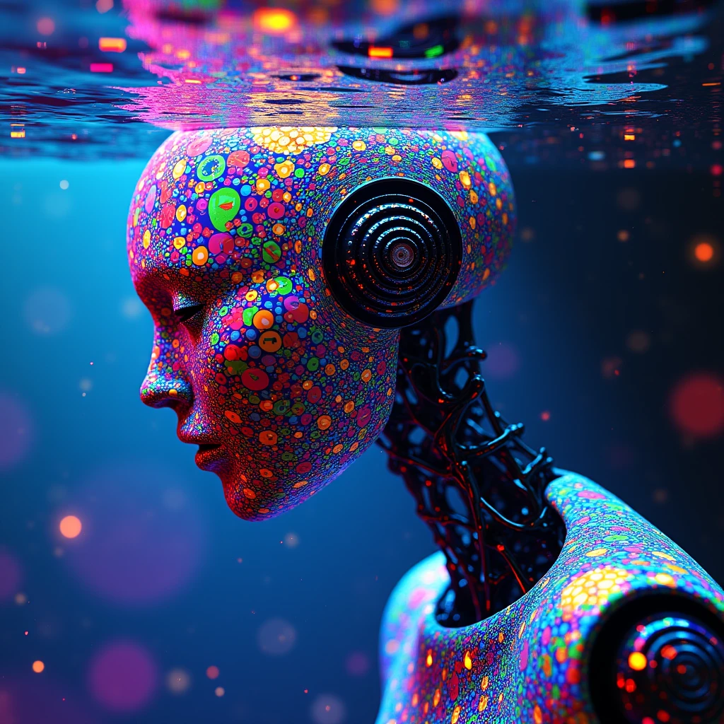 wv0tile4, spherical robot swimming underwater, dreamlikem, fractal, wet